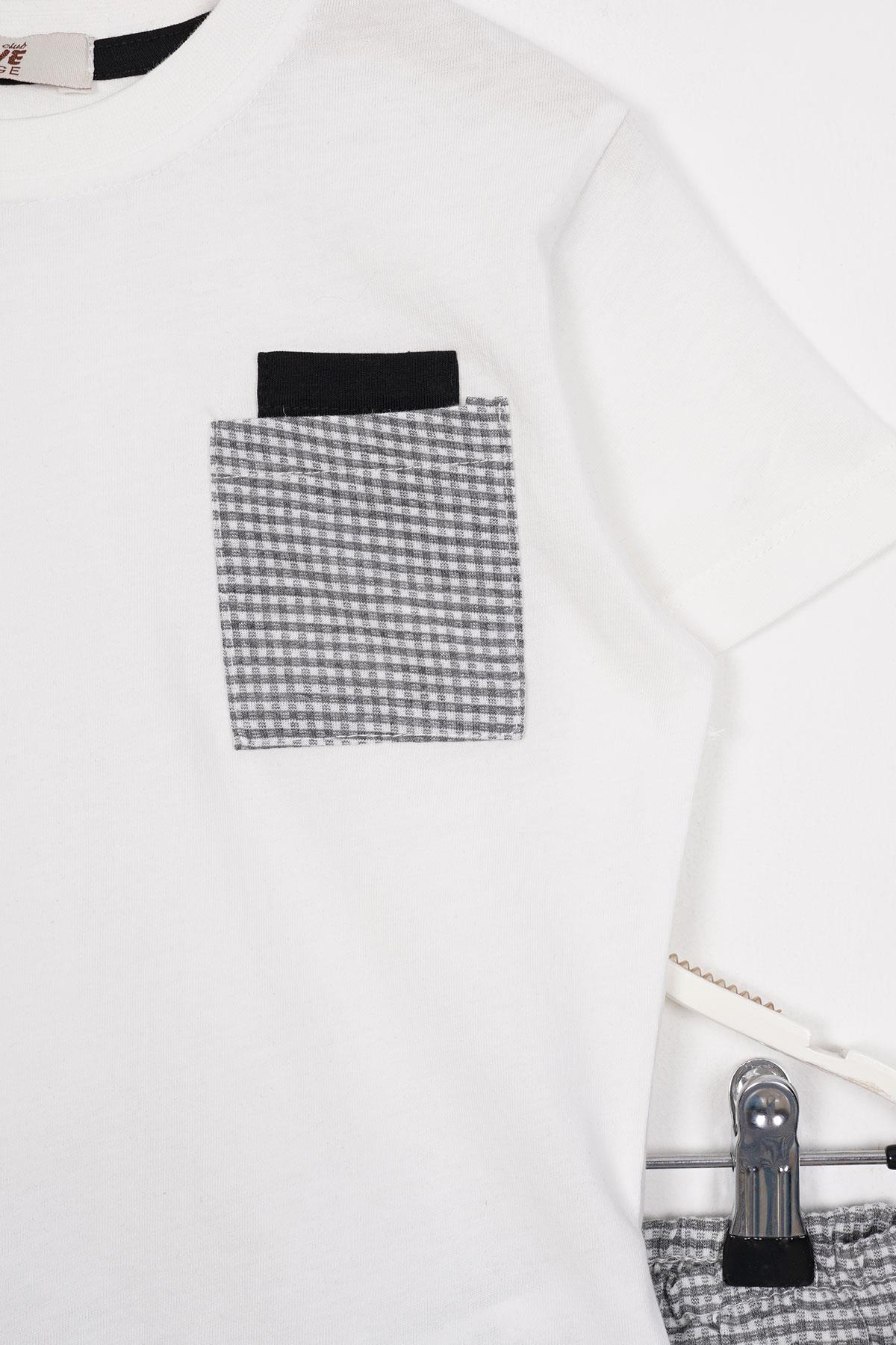 Bisiklet Yaka Kısa Kol Ekru Grı Renk Erkek Cocuk Sortlu Takım