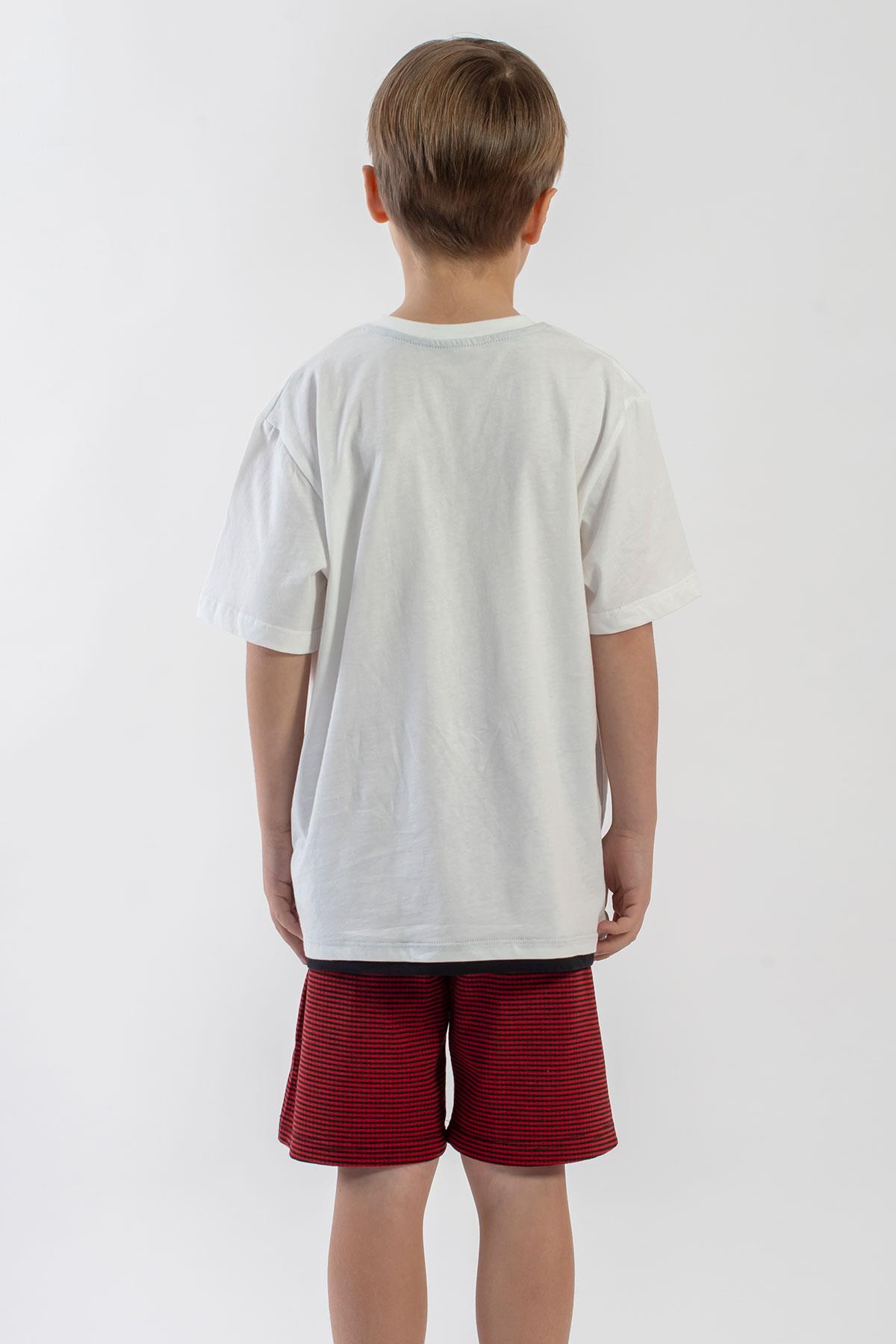 Bisiklet Yaka Kısa Kol Ekru Kırmızı Renk Erkek Cocuk Sortlu Takım