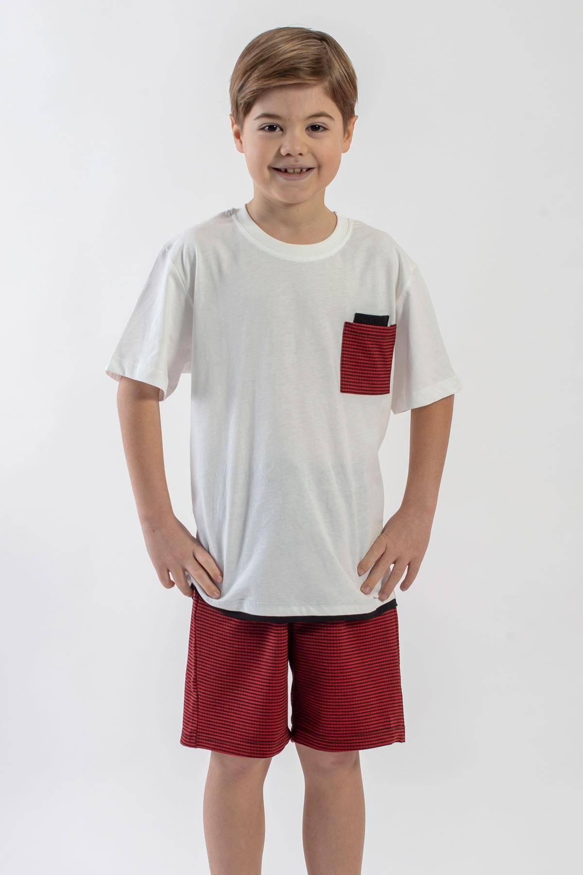 Bisiklet Yaka Kısa Kol Ekru Kırmızı Renk Erkek Cocuk Sortlu Takım