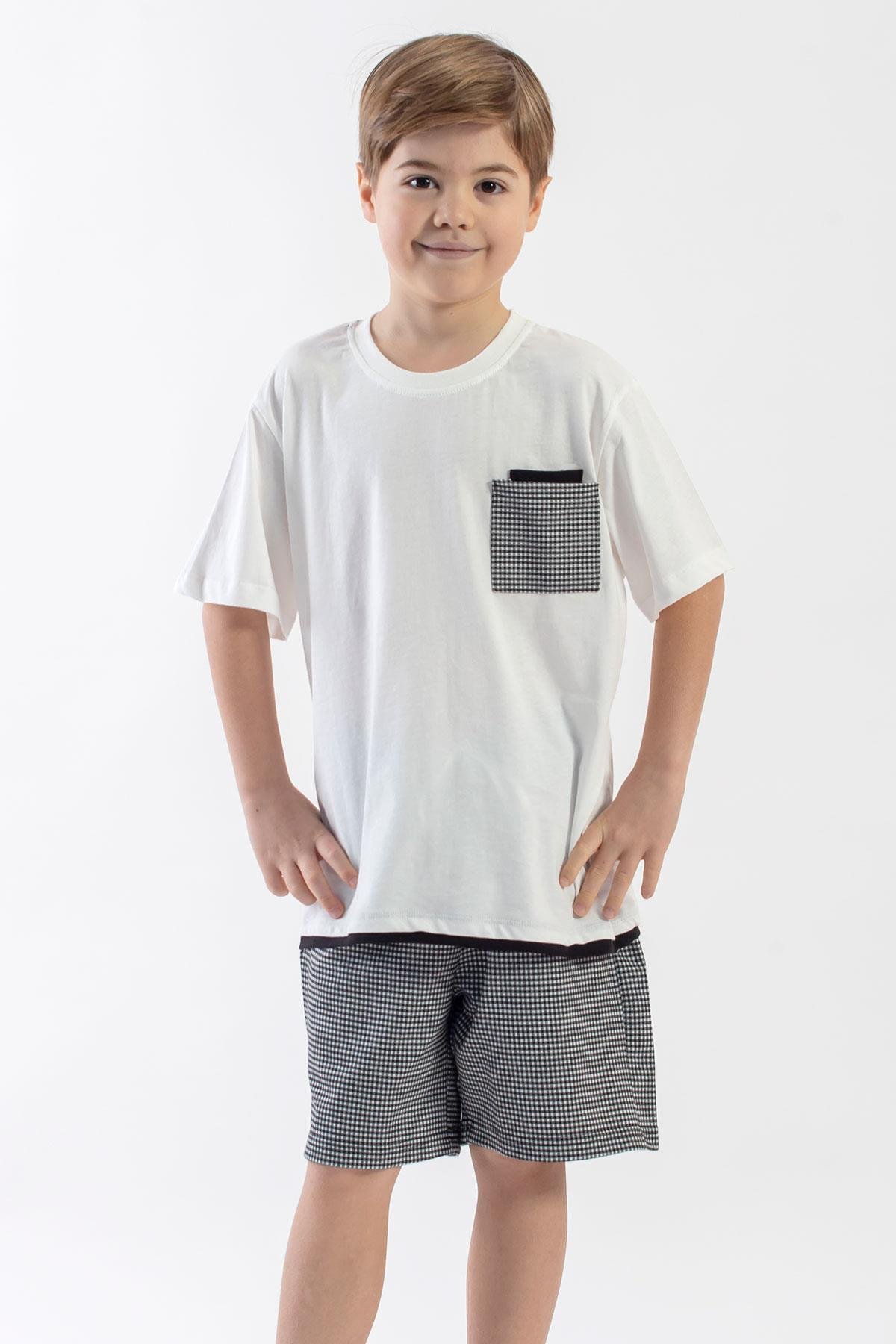 Bisiklet Yaka Kısa Kol Ekru Sıyah Renk Erkek Cocuk Sortlu Takım