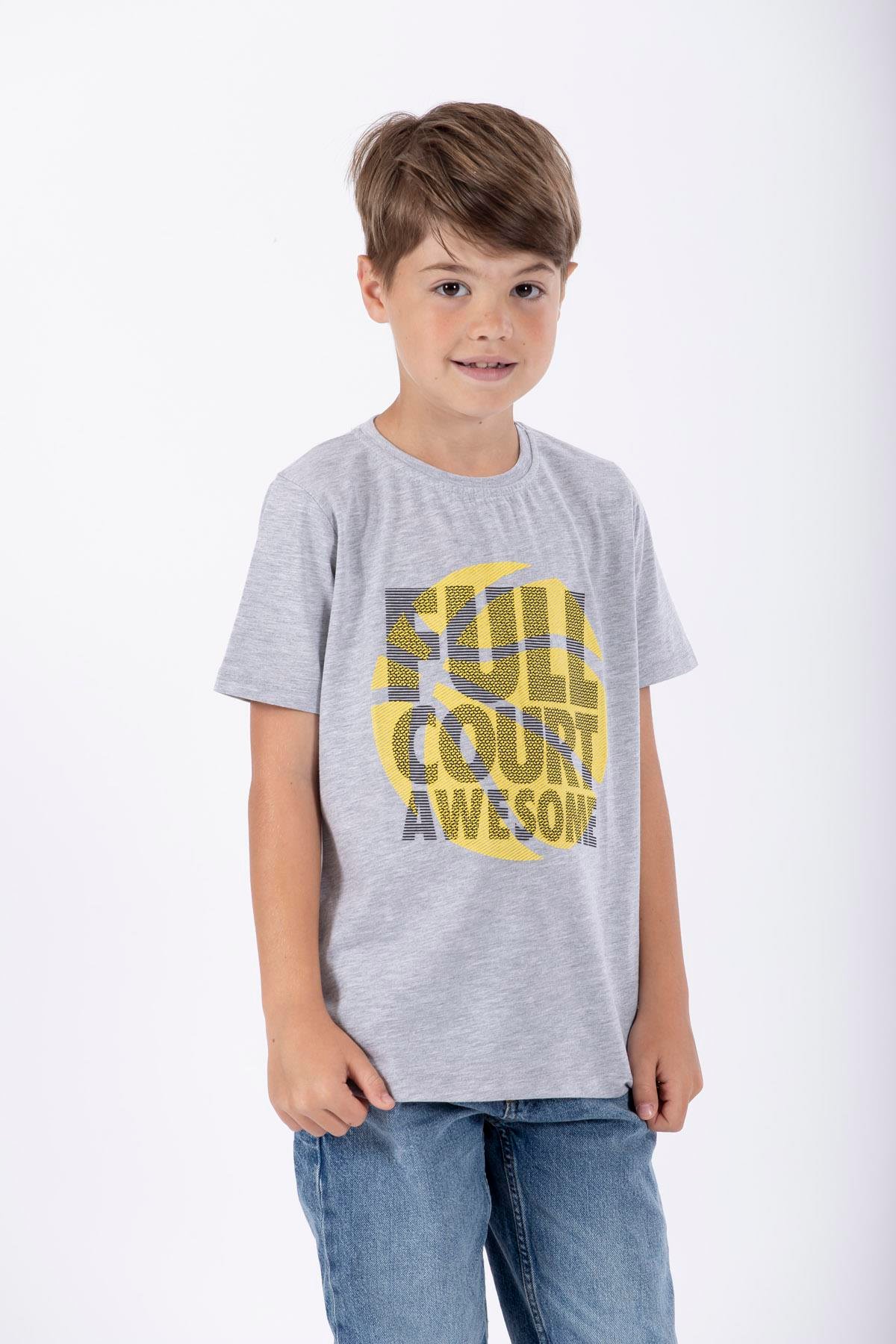 Bisiklet Yaka Kısa Kol Full Court Awesome Baskılı Gri Melanj Renk Erkek Çocuk Tshirt