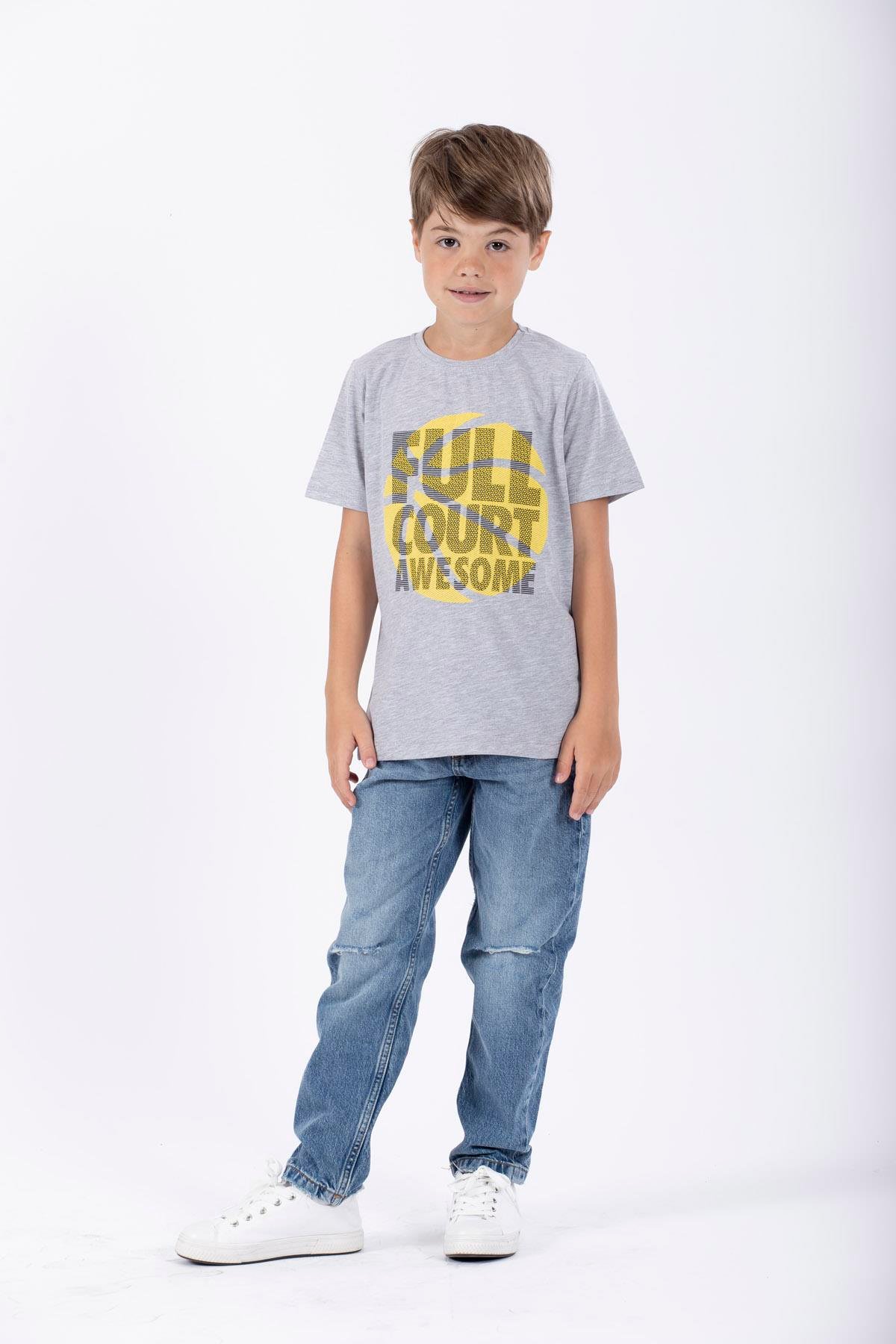 Bisiklet Yaka Kısa Kol Full Court Awesome Baskılı Gri Melanj Renk Erkek Çocuk Tshirt