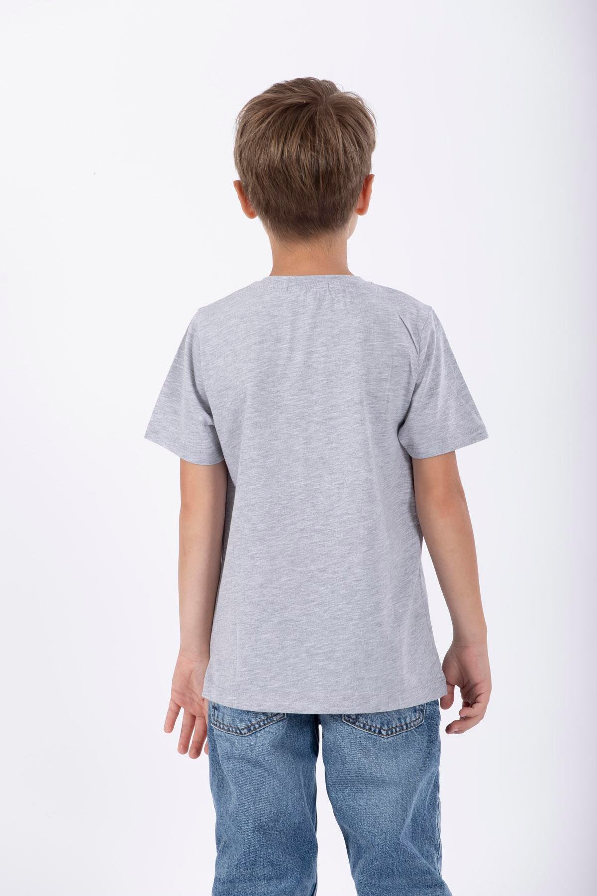 Bisiklet Yaka Kısa Kol Full Court Awesome Baskılı Gri Melanj Renk Erkek Çocuk Tshirt