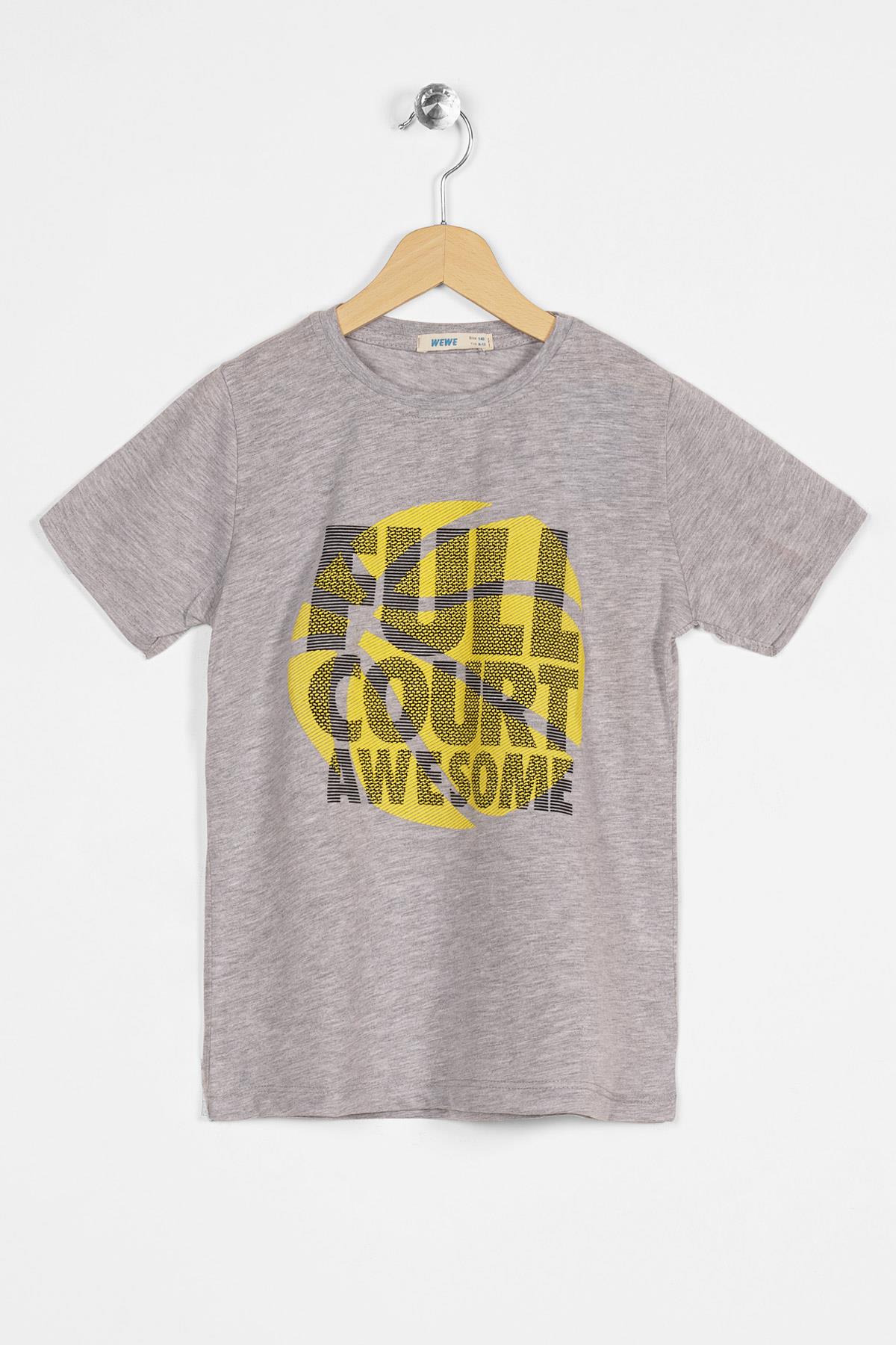 Bisiklet Yaka Kısa Kol Full Court Awesome Baskılı Gri Melanj Renk Erkek Çocuk Tshirt