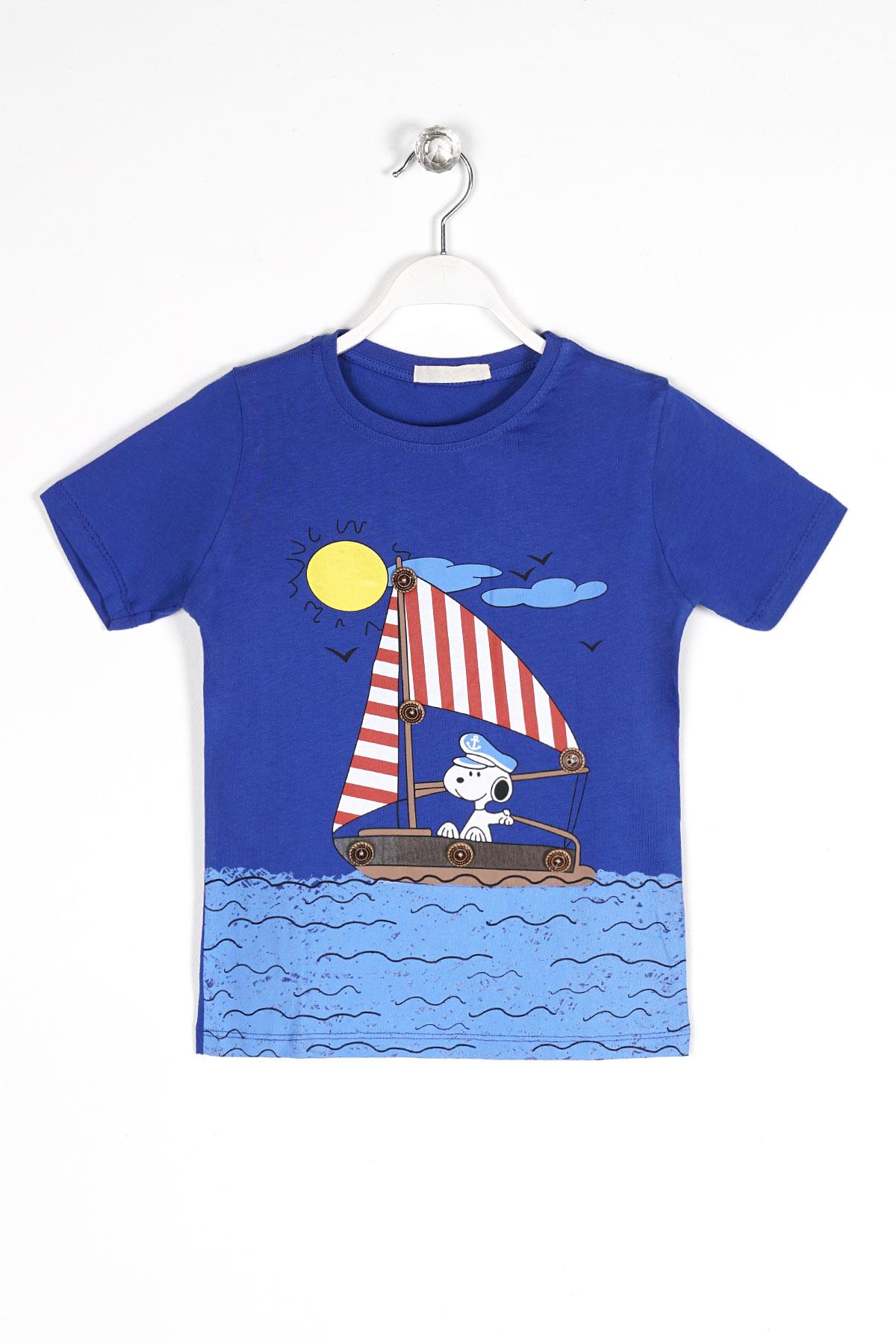 Bisiklet Yaka Kısa Kol Gemi Basılı Düğme Aksesuarlı Saks Renk Erkek Çocuk Tshirt