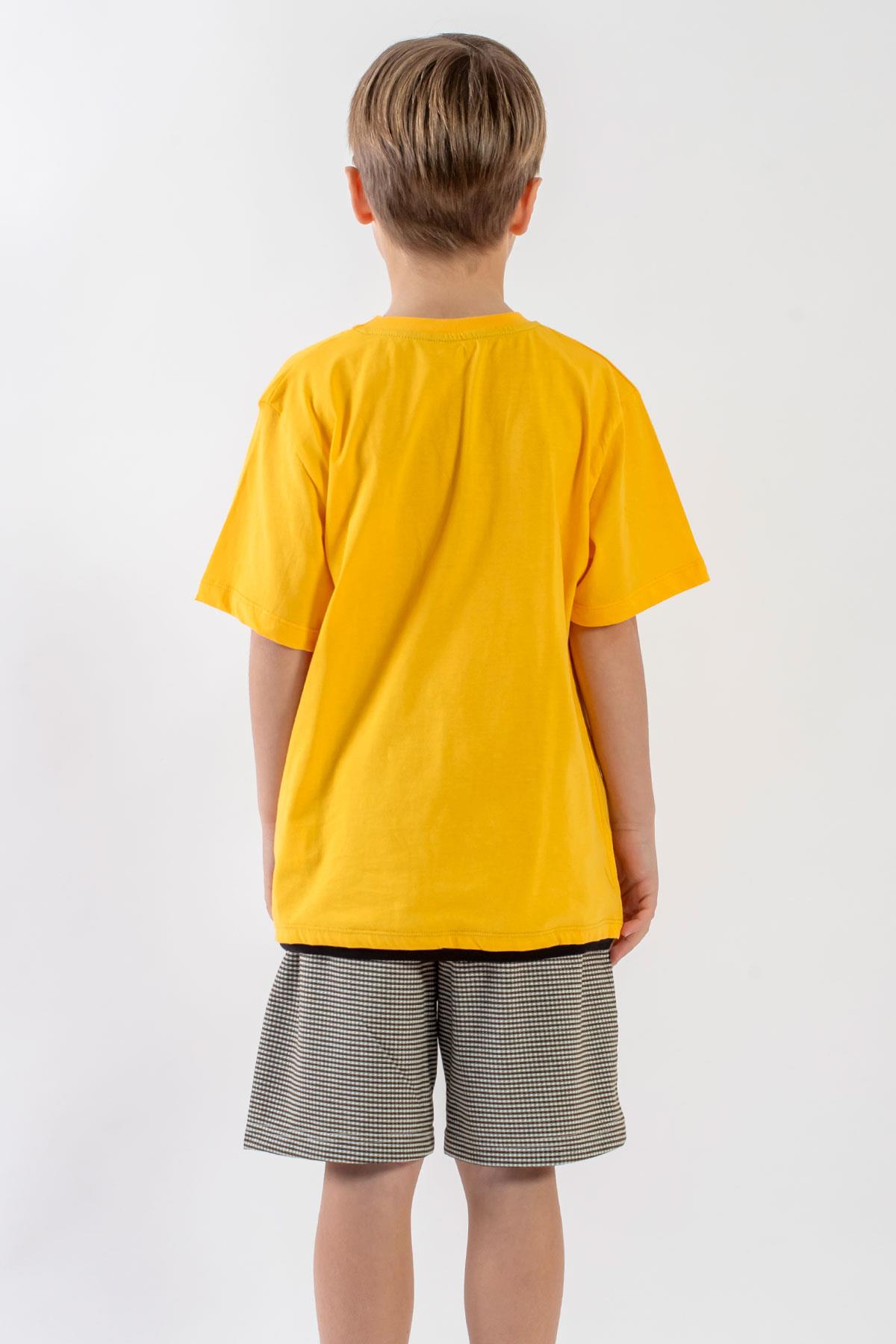Bisiklet Yaka Kısa Kol Koyu Sarı Hakı Renk Erkek Cocuk Sortlu Takım