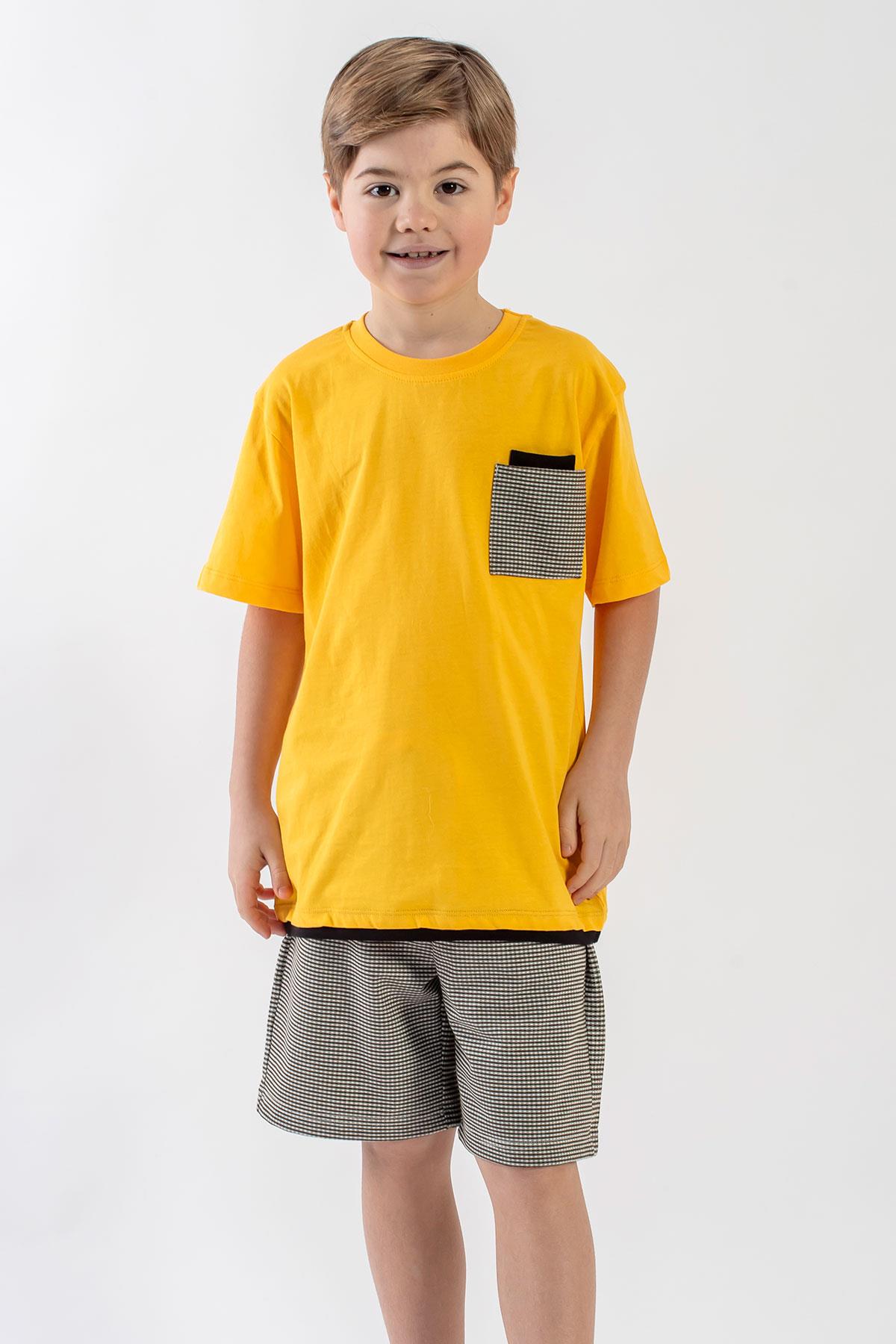 Bisiklet Yaka Kısa Kol Koyu Sarı Hakı Renk Erkek Cocuk Sortlu Takım