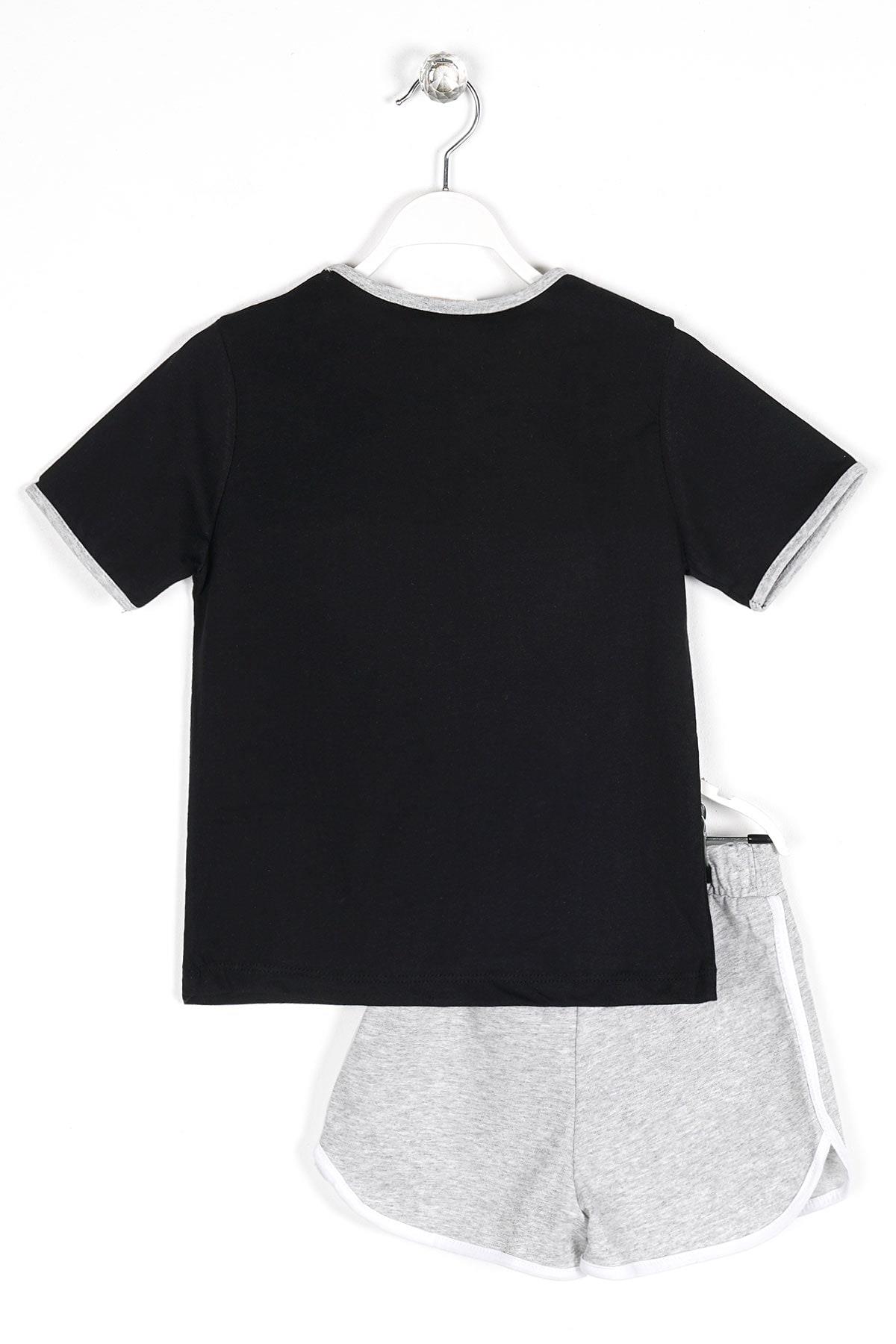 Bisiklet Yaka Kısa Kol Power Baskılı Siyah Gri Renk Kız Çocuk Sortlu Takım