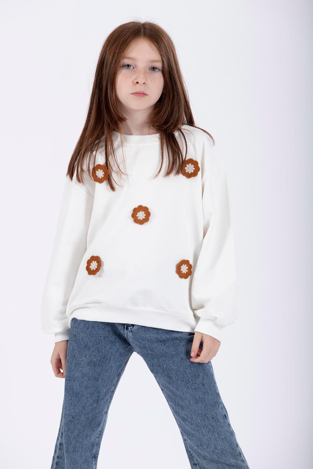 Bisiklet Yaka Uzun Kol Ekru Renk Kız Çocuk Sweatshirt