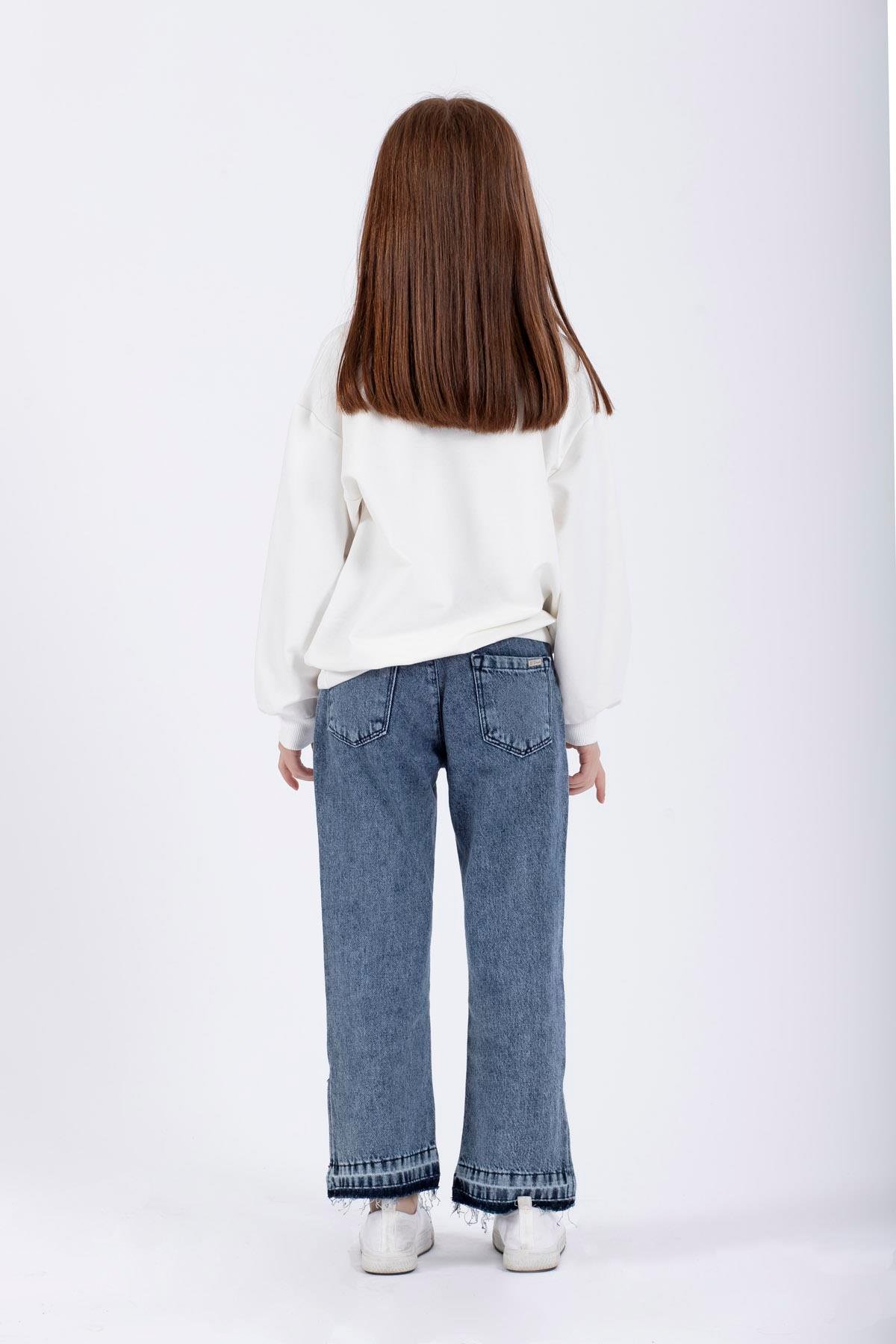 Bisiklet Yaka Uzun Kol Ekru Renk Kız Çocuk Sweatshirt