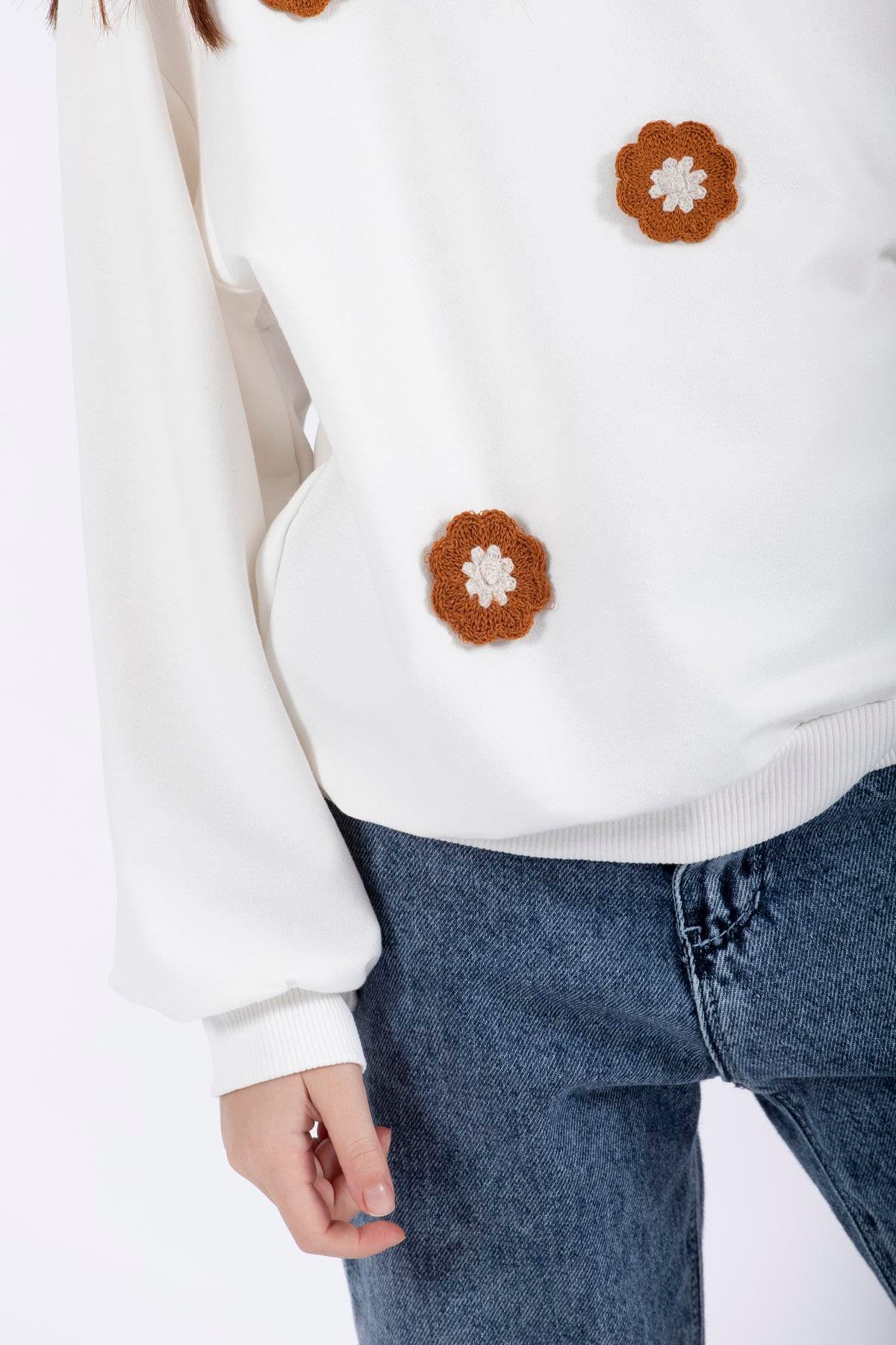 Bisiklet Yaka Uzun Kol Ekru Renk Kız Çocuk Sweatshirt