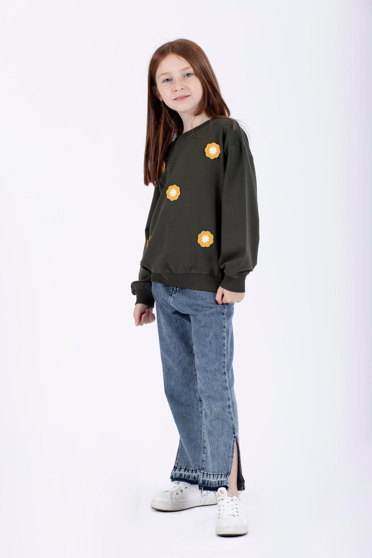 Bisiklet Yaka Uzun Kol Haki Renk Kız Çocuk Sweatshirt