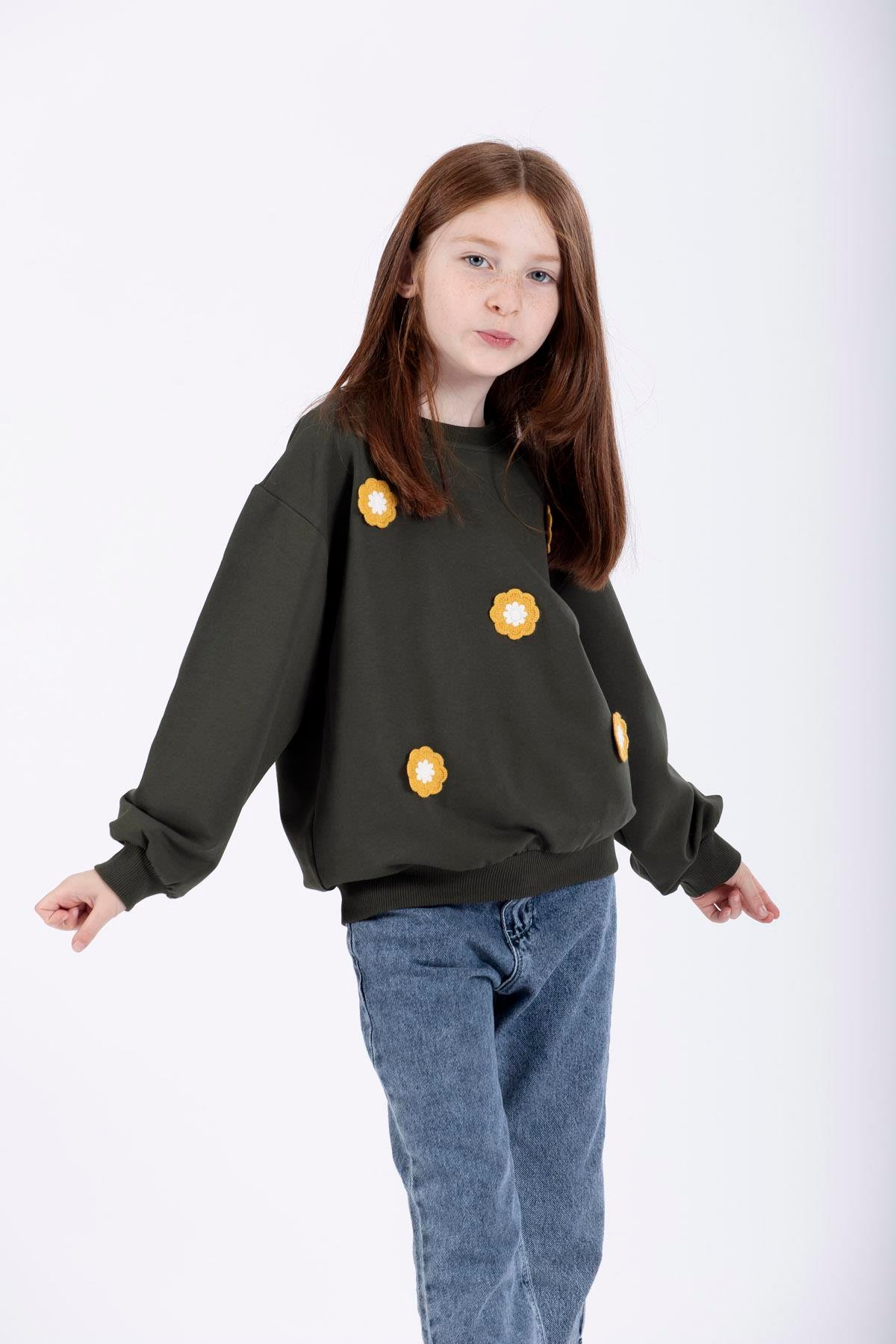 Bisiklet Yaka Uzun Kol Haki Renk Kız Çocuk Sweatshirt