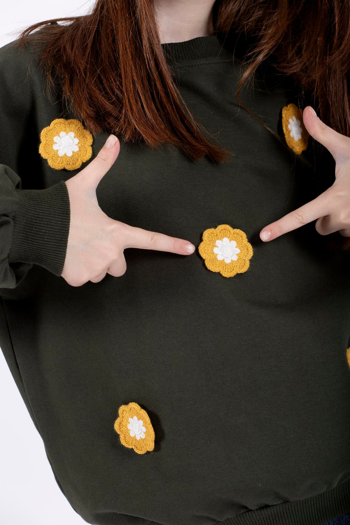 Bisiklet Yaka Uzun Kol Haki Renk Kız Çocuk Sweatshirt