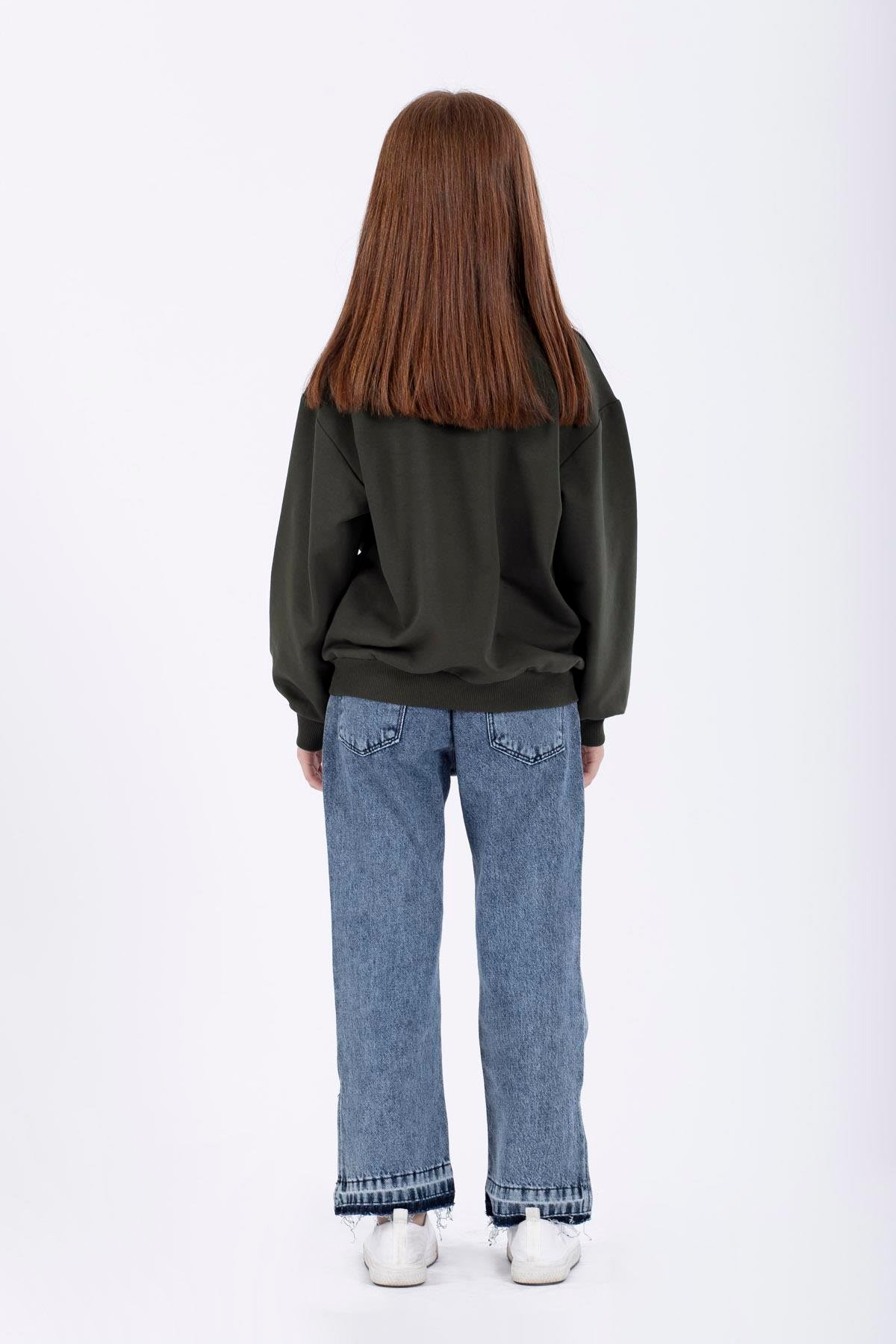 Bisiklet Yaka Uzun Kol Haki Renk Kız Çocuk Sweatshirt