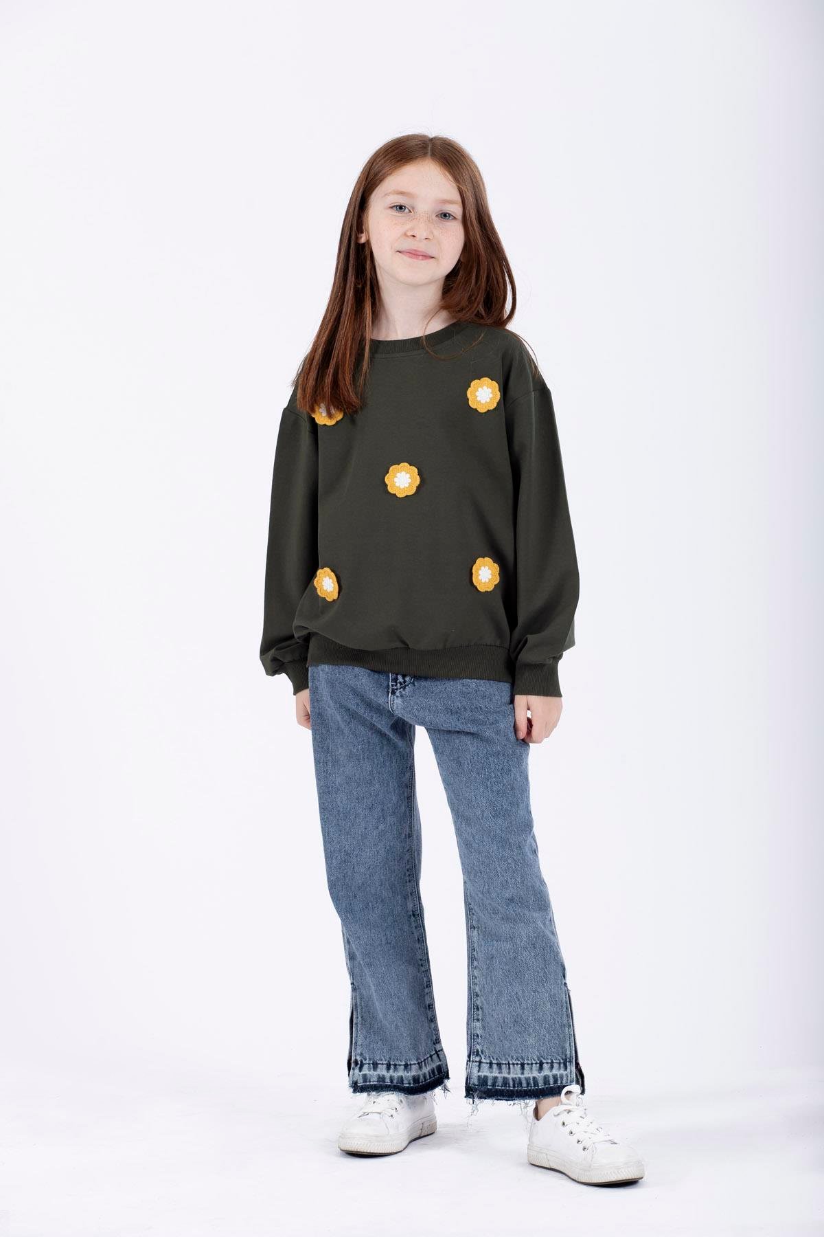 Bisiklet Yaka Uzun Kol Haki Renk Kız Çocuk Sweatshirt