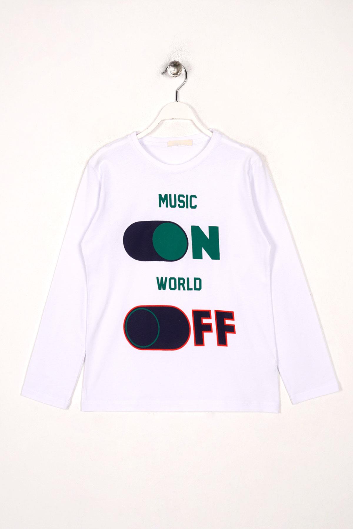 Bisiklet Yaka Uzun Kol Musıc On Baskılı Uzun Kol Beyaz Renk Erkek Çocuk Tshırt