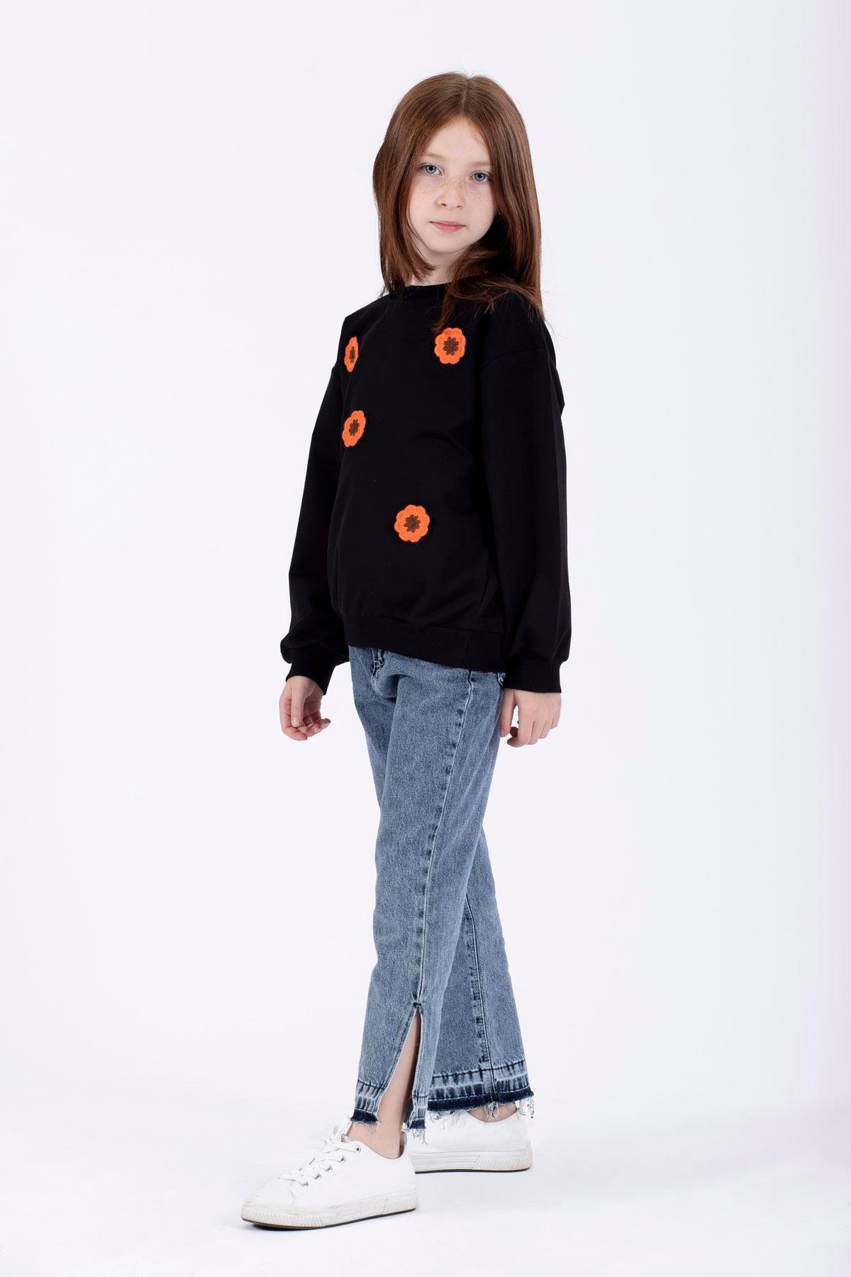 Bisiklet Yaka Uzun Kol Siyah Renk Kız Çocuk Sweatshirt