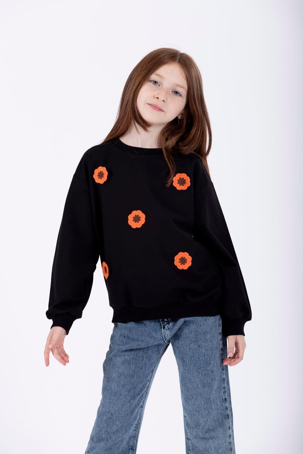 Bisiklet Yaka Uzun Kol Siyah Renk Kız Çocuk Sweatshirt