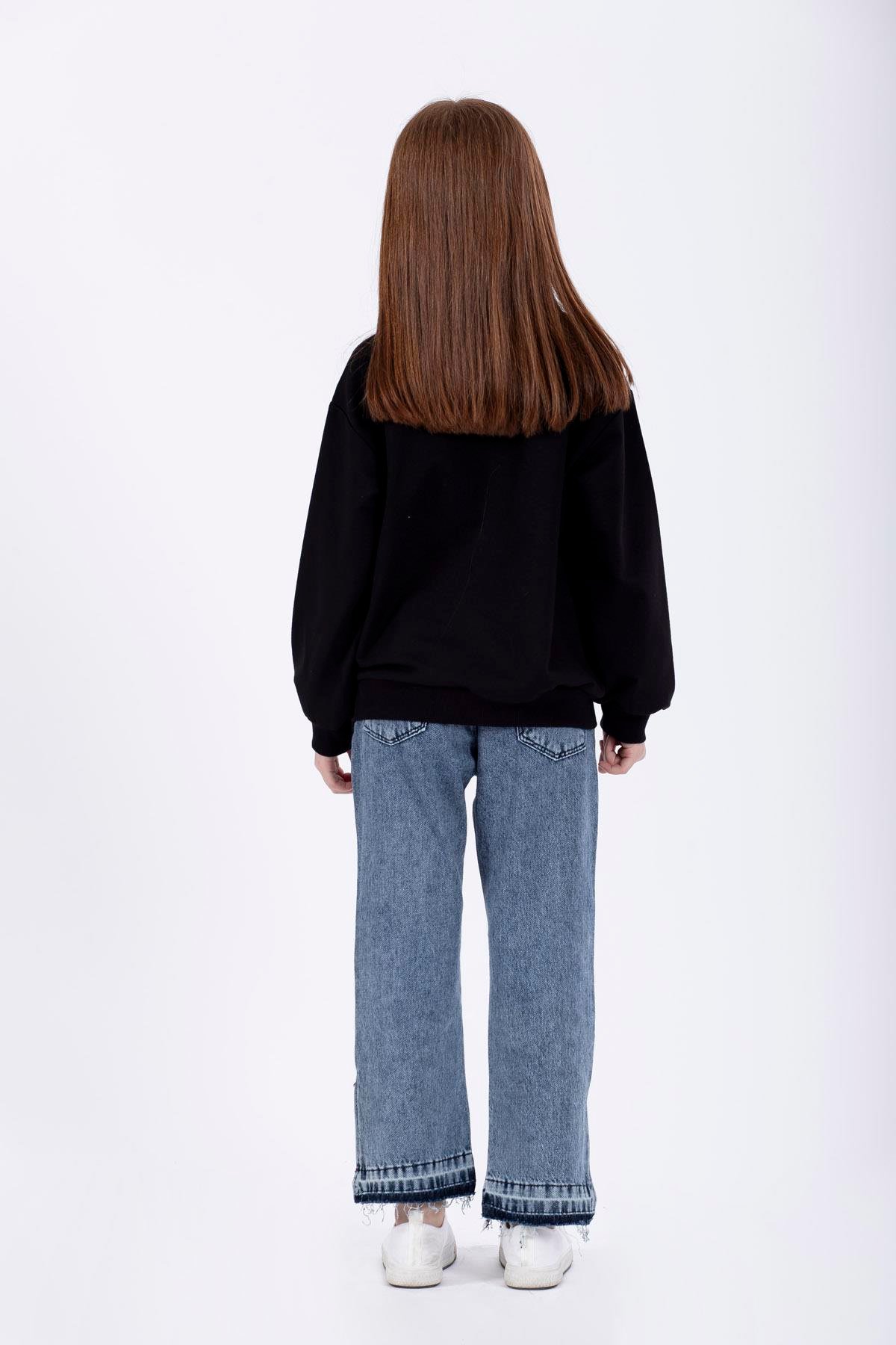 Bisiklet Yaka Uzun Kol Siyah Renk Kız Çocuk Sweatshirt