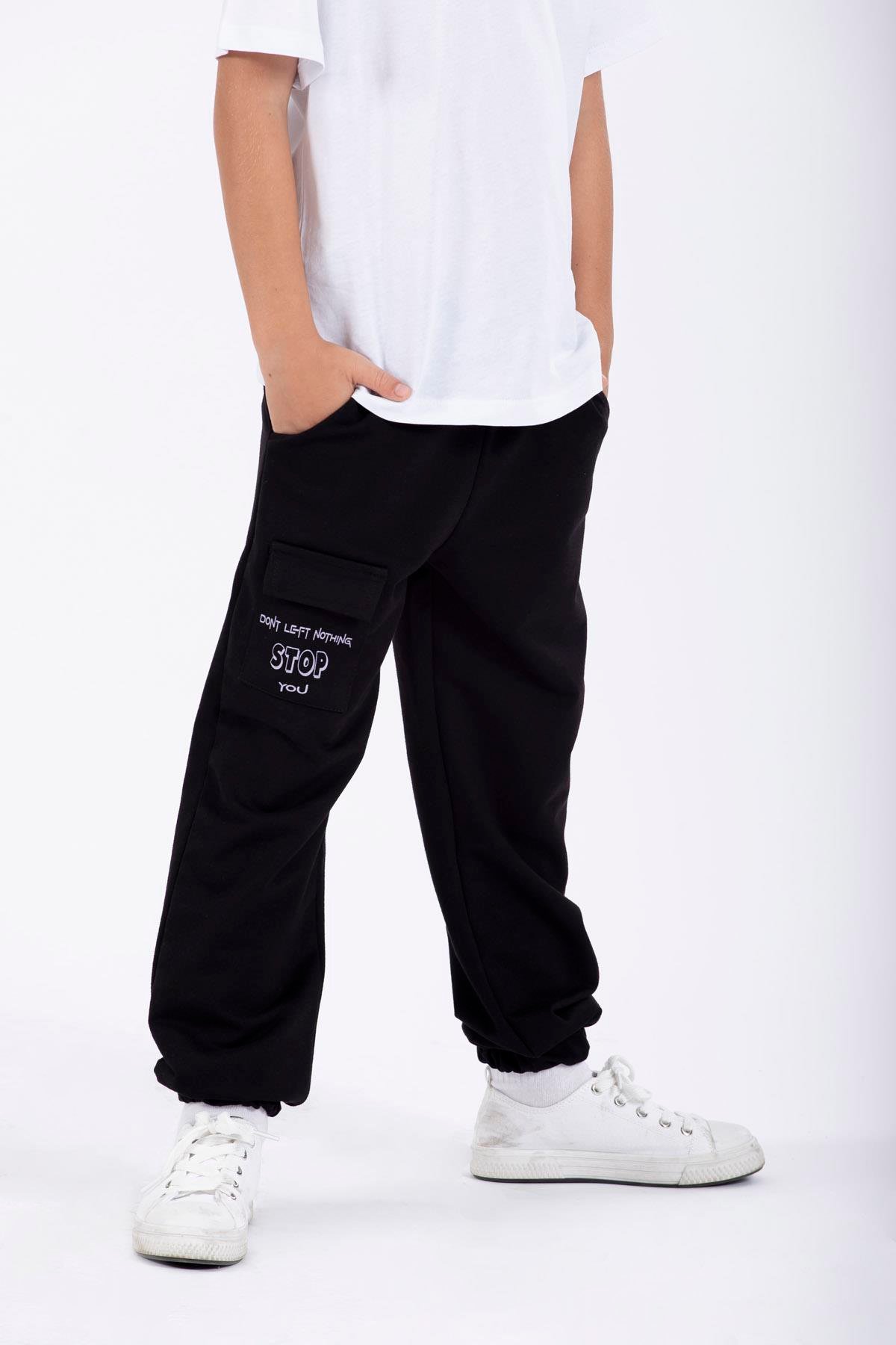 Don't Left Nothıng Stop You Yazı Baskılı Siyah Renk Erkek Çocuk Esofman Tek Alt