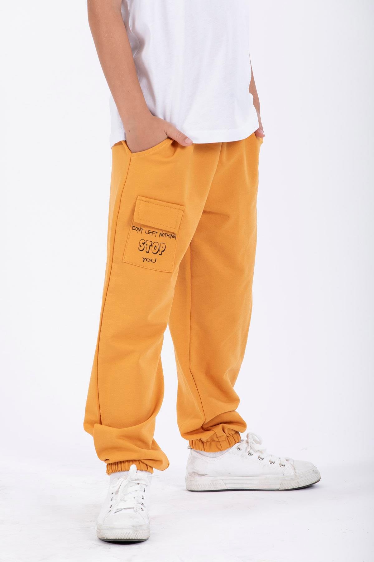Don't Left Nothıng Stop You Yazı Baskılı Hardal Renk Erkek Çocuk Esofman Tek Alt