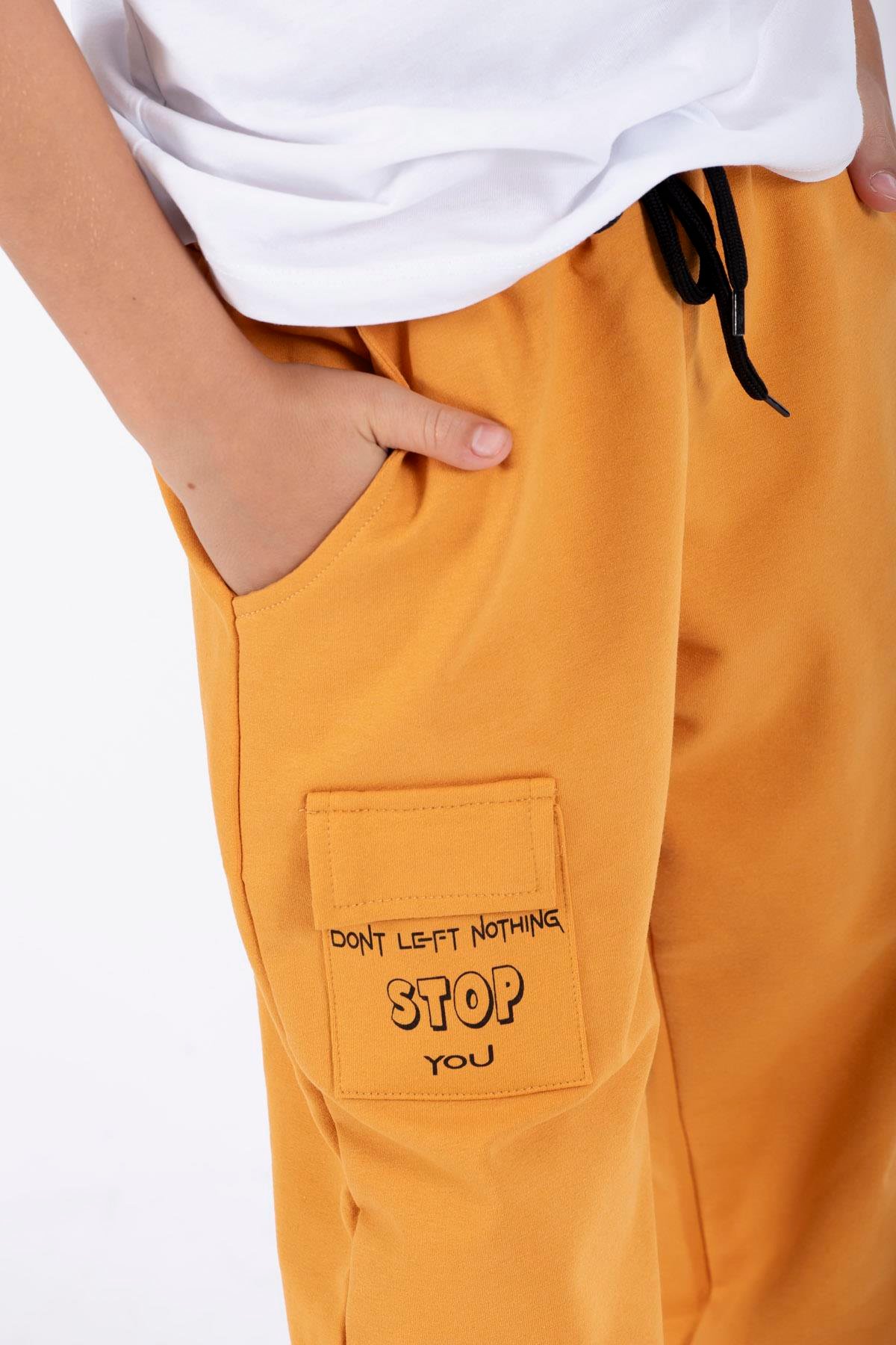 Don't Left Nothıng Stop You Yazı Baskılı Hardal Renk Erkek Çocuk Esofman Tek Alt