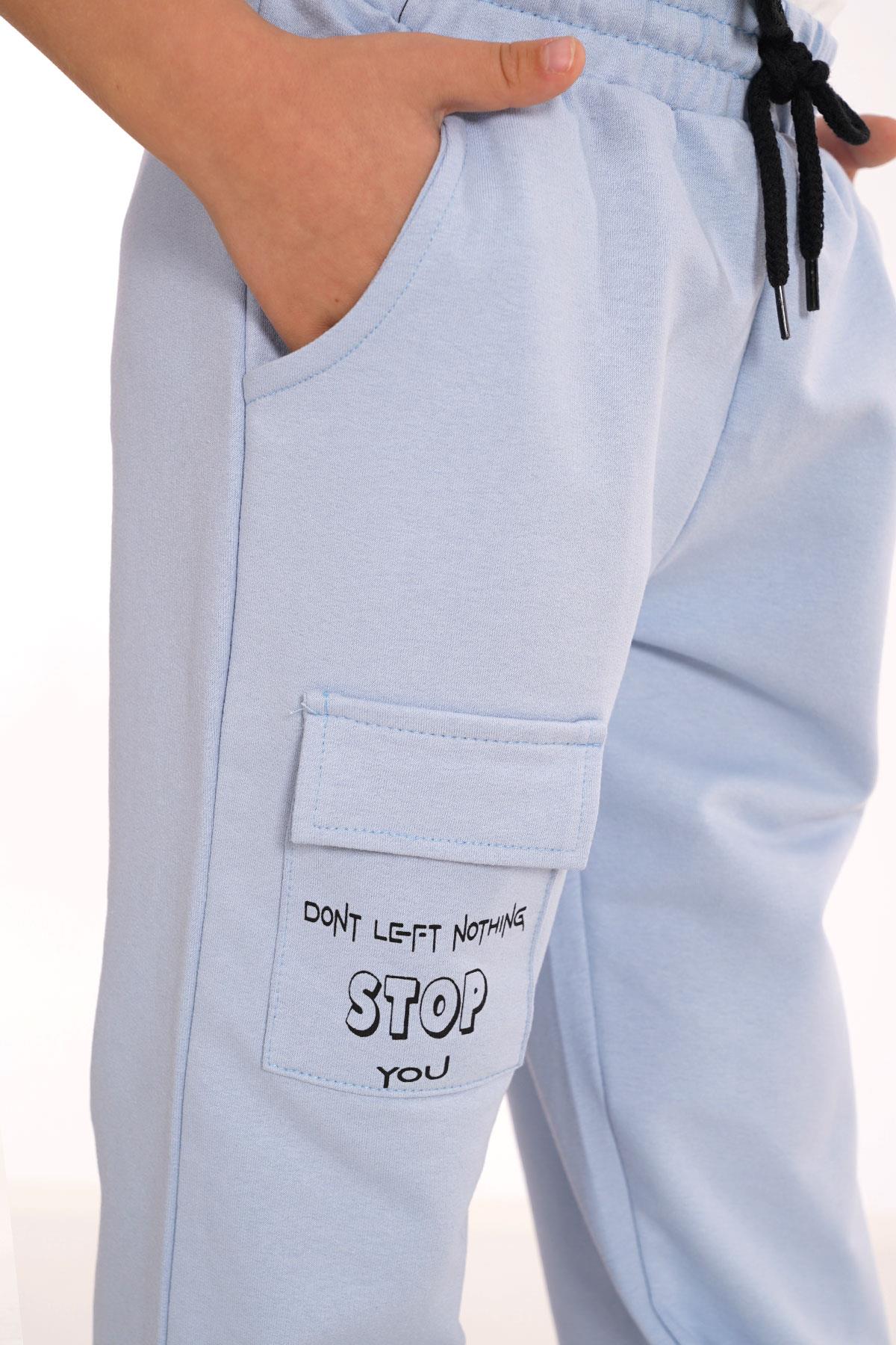 Don't Left Nothıng Stop You Yazı Baskılı Mavi Renk Erkek Çocuk Esofman Tek Alt
