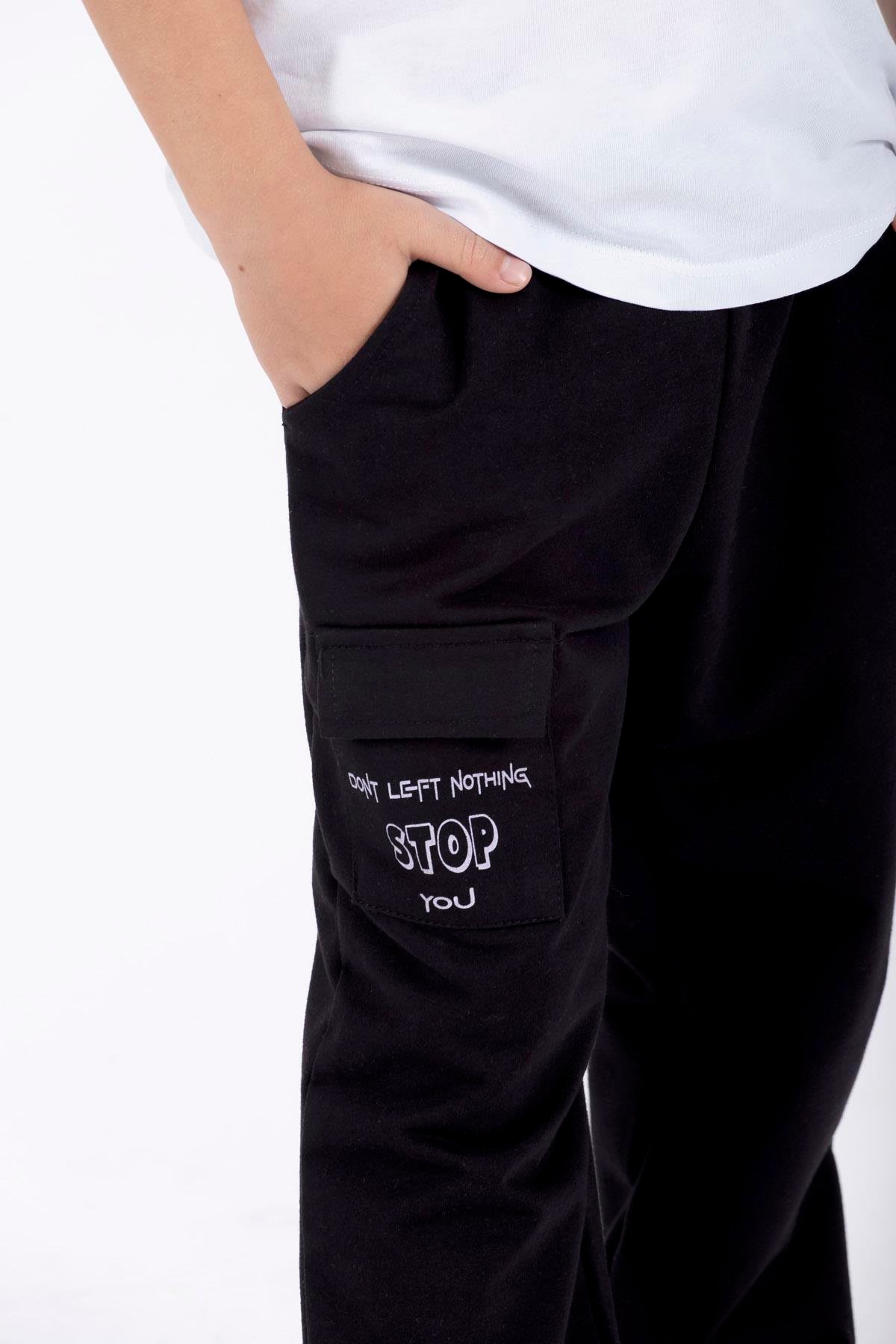 Don't Left Nothıng Stop You Yazı Baskılı Siyah Renk Erkek Çocuk Esofman Tek Alt