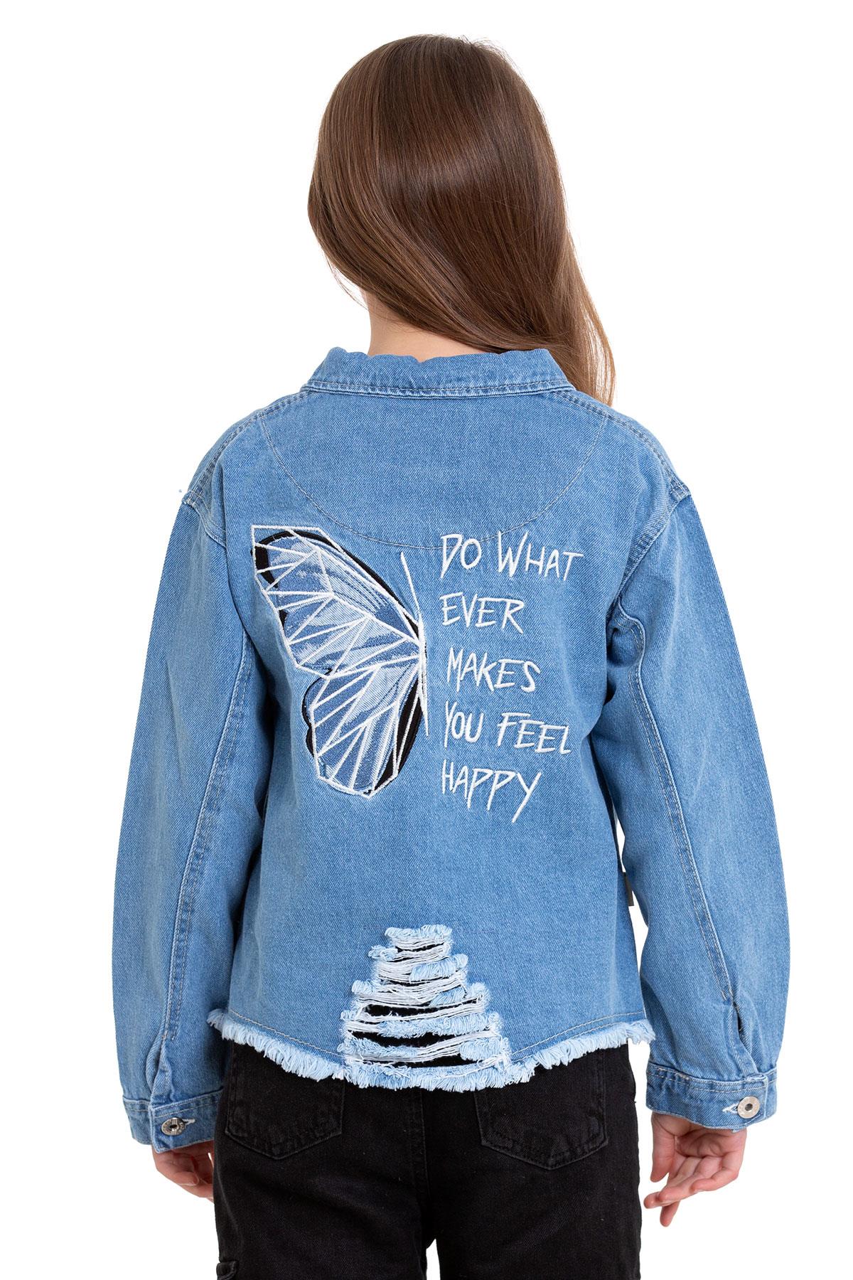 Gomlek Yaka Uzun Kol Sırt Kısmı Kelebek Nakıslı Mavi Renk Kız Çocuk Jean Ceket