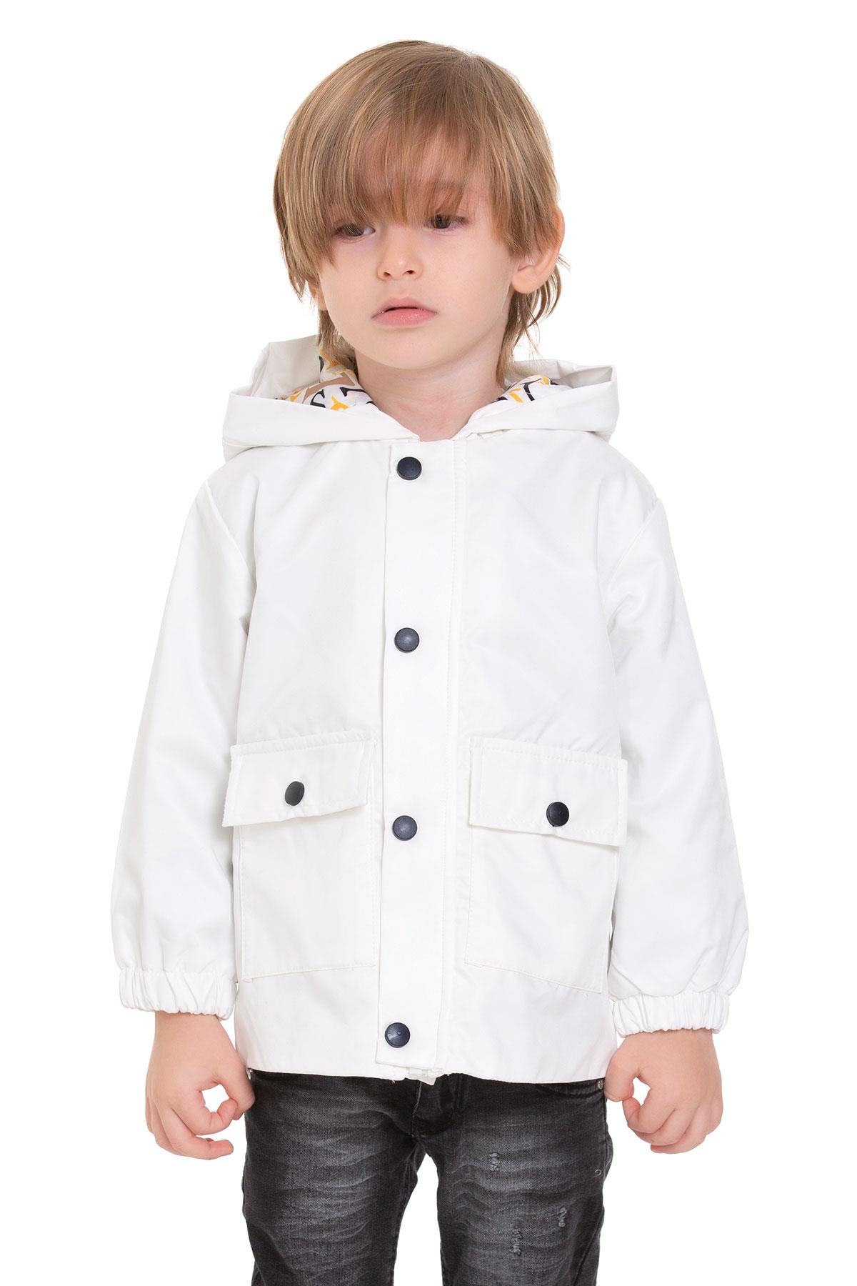 Kapüşonlu Uzun Kol Ayı Baskılı Beyaz Renk Erkek Çocuk Yagmurluk