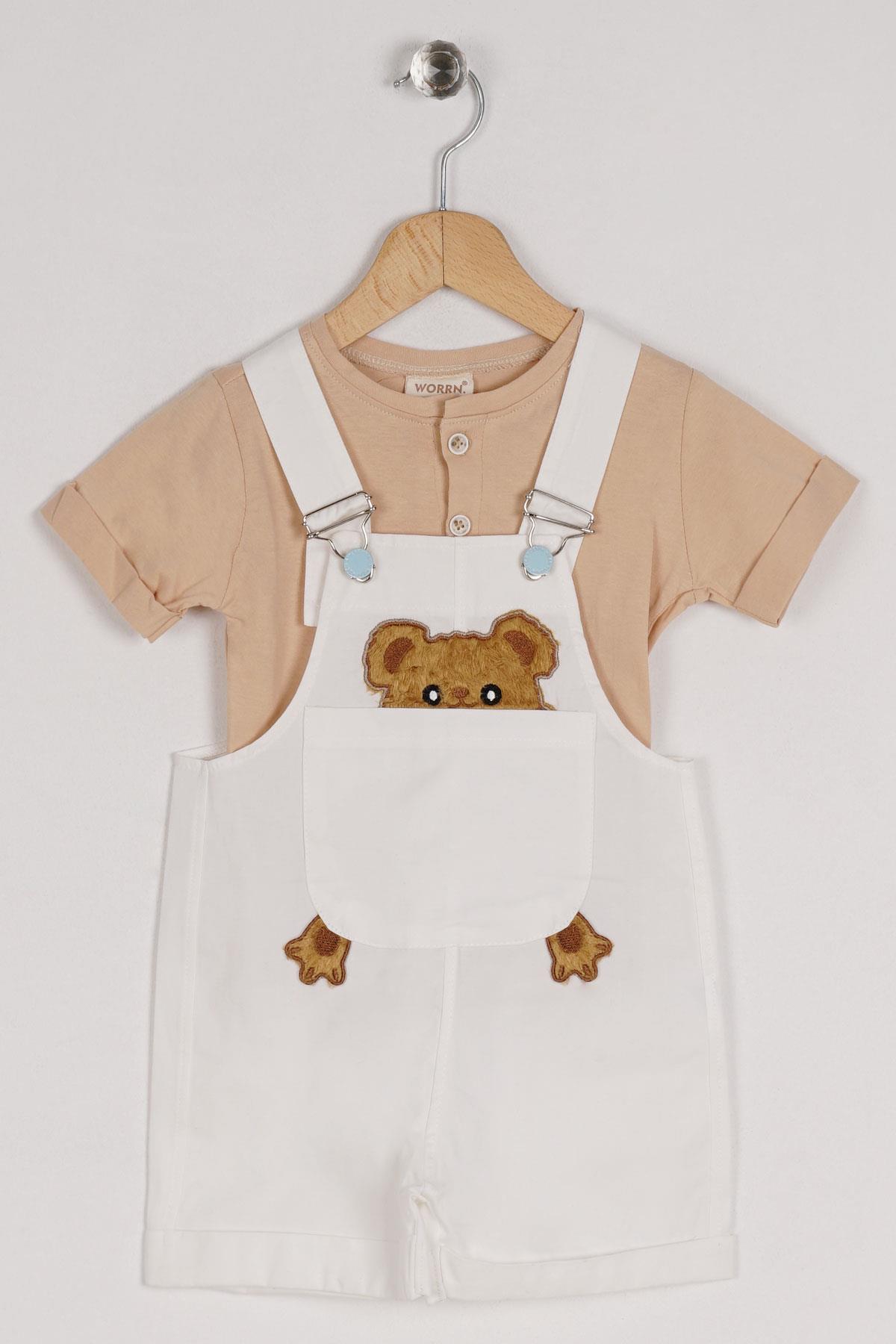 Worrn 2043 Erkek Cocuk 1-3 Yas Ayı Aplıke Nakıslı Sortlu Salopet Takım