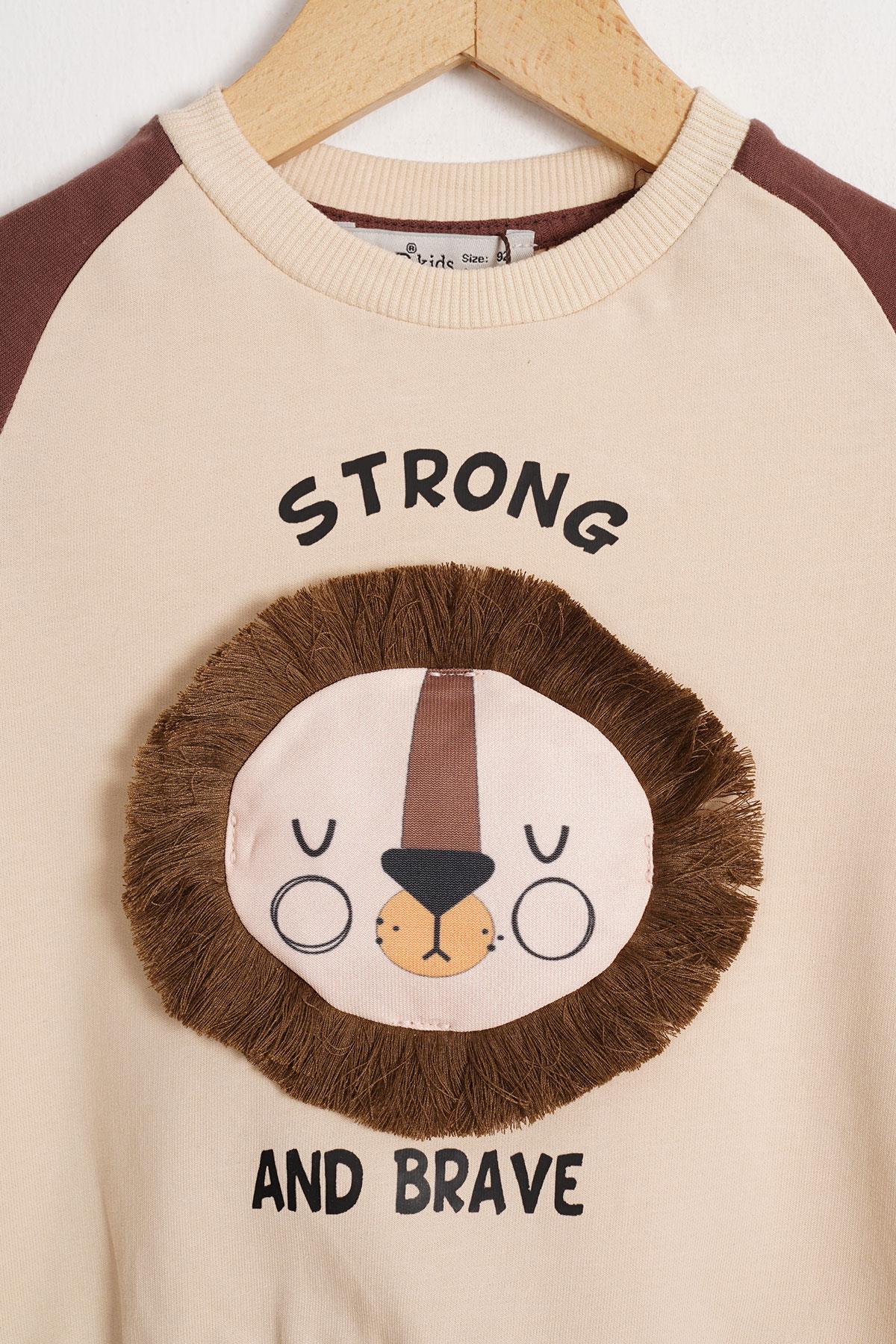 Aslan Figürlü Yazı Baskılı Kahverengi Renk Erkek Çocuk İkili Takım