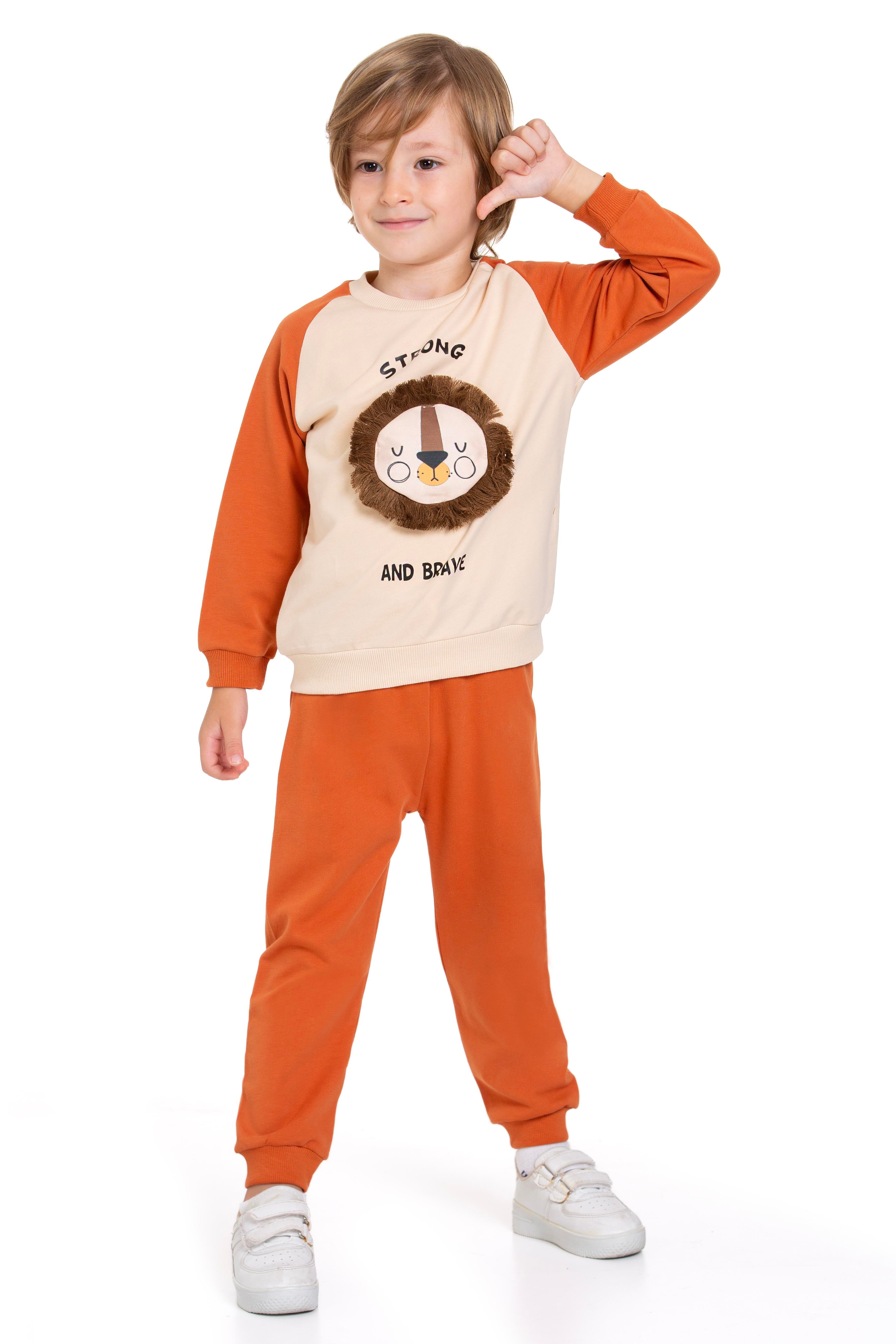 Aslan Figürlü Yazı Baskılı Kiremit Renk Erkek Çocuk İkili Takım