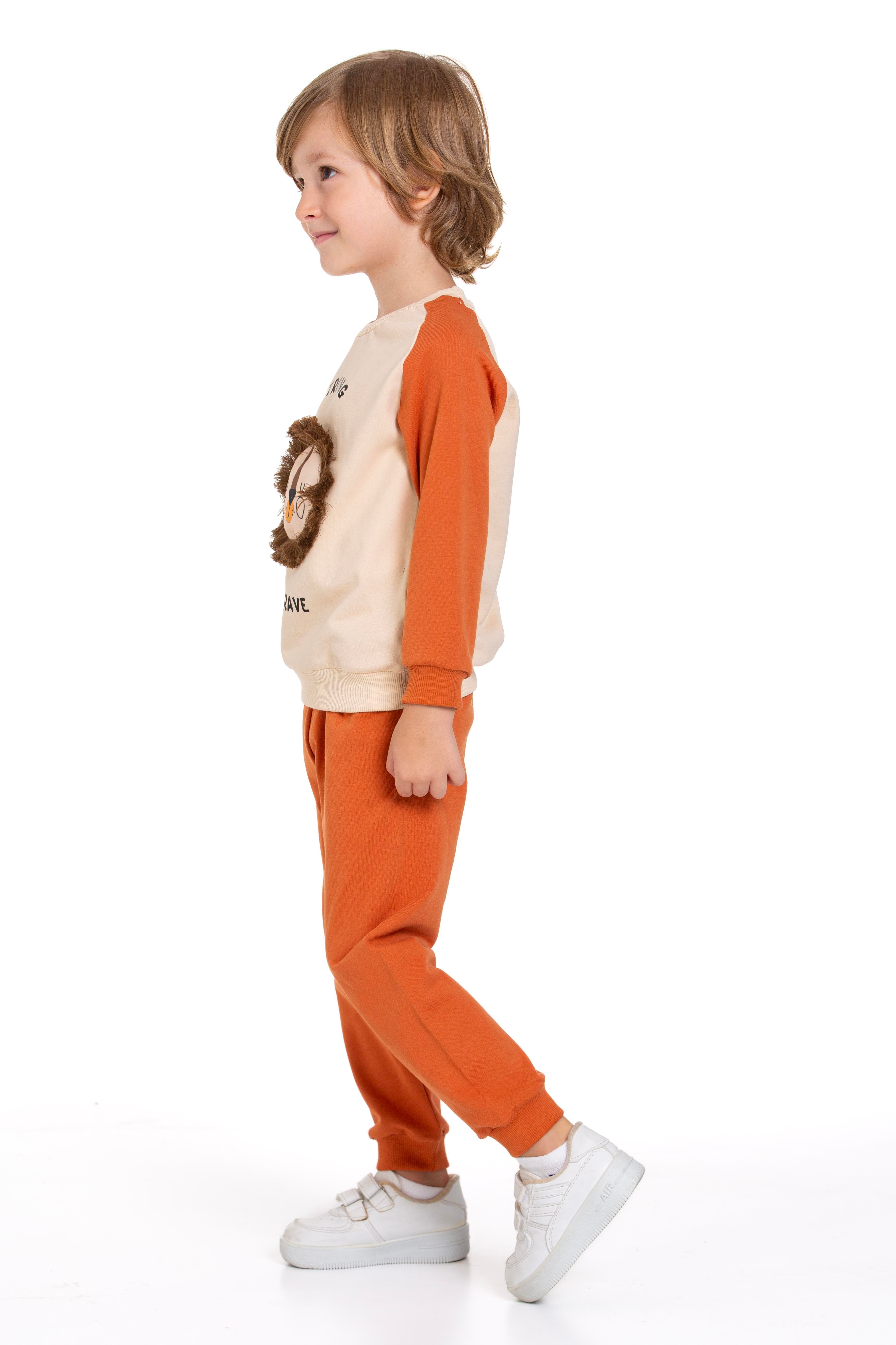 Aslan Figürlü Yazı Baskılı Kiremit Renk Erkek Çocuk İkili Takım