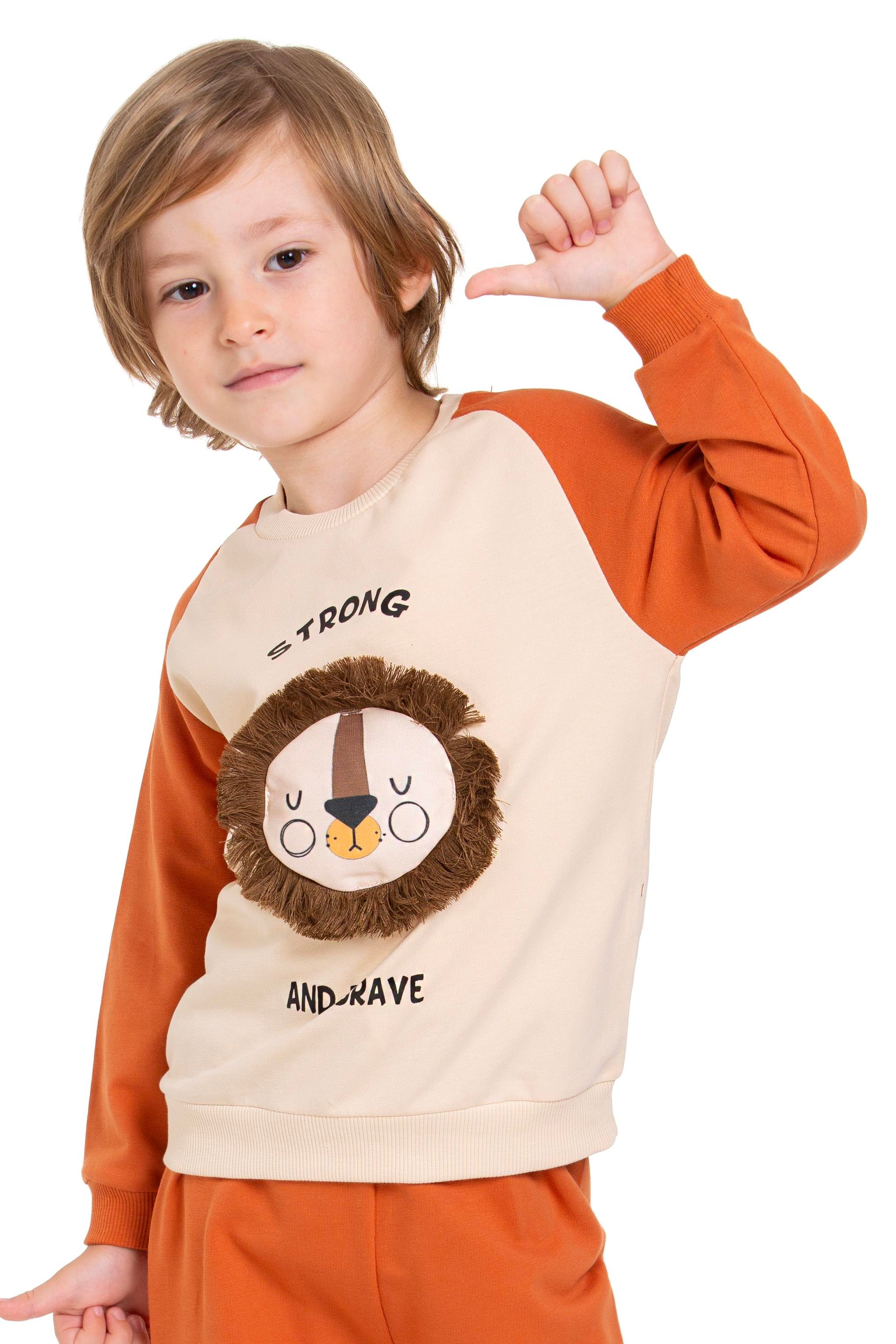 Aslan Figürlü Yazı Baskılı Kiremit Renk Erkek Çocuk İkili Takım