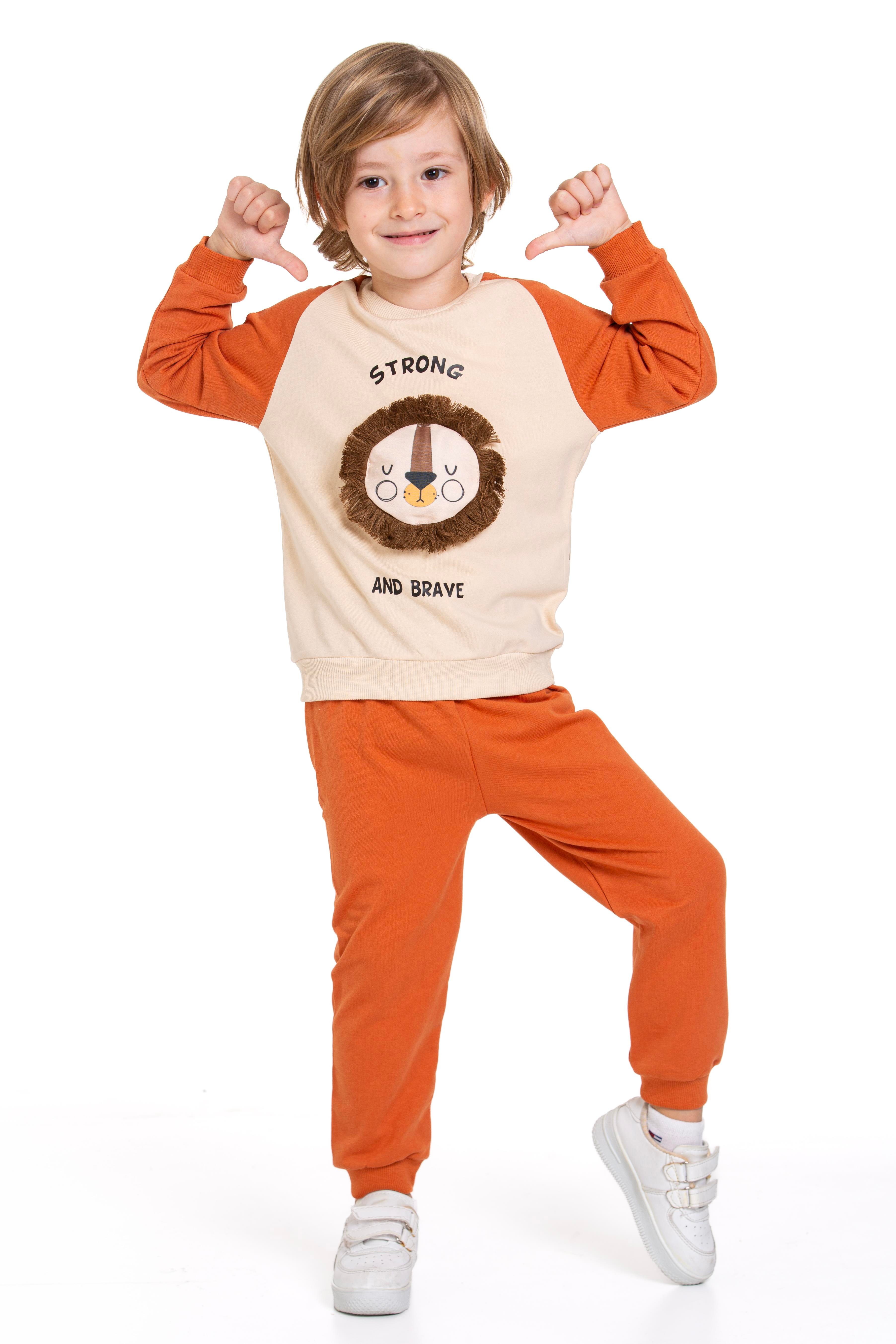 Aslan Figürlü Yazı Baskılı Kiremit Renk Erkek Çocuk İkili Takım