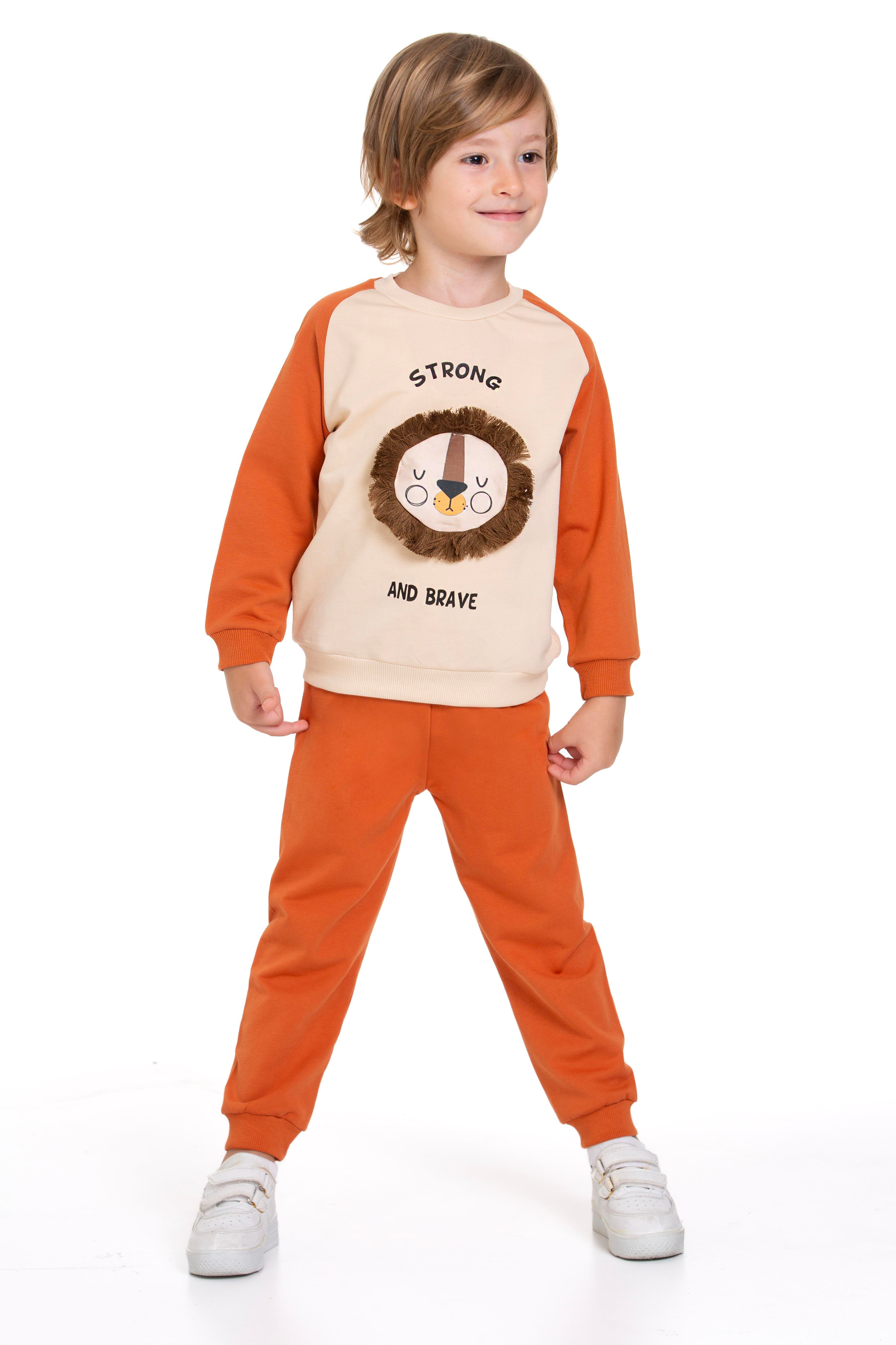 Aslan Figürlü Yazı Baskılı Kiremit Renk Erkek Çocuk İkili Takım
