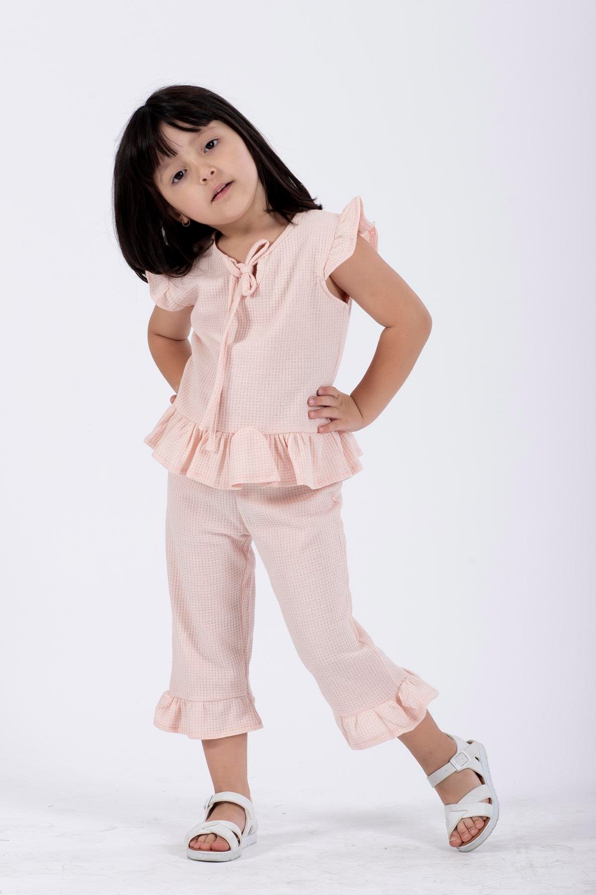 Bisiklet Yaka Kısa Kol Waffel Paca Fırfırlı Ikılı Takım Pudra Renk Kız Çocuk Ikılı Takım