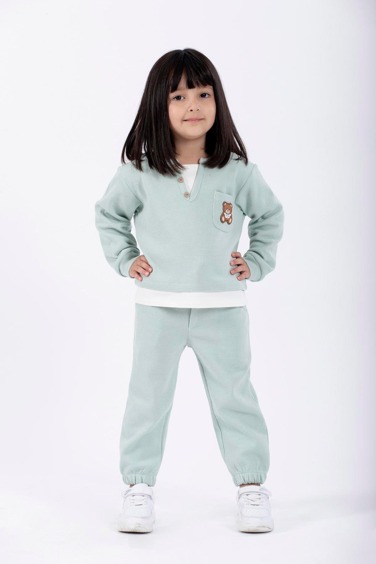 Bisiklet Yaka Uzun Kol Ayıcık Armalı Garnılı Bel Paca Lastikli Mint Renk Erkek Çocuk Esofman Takım
