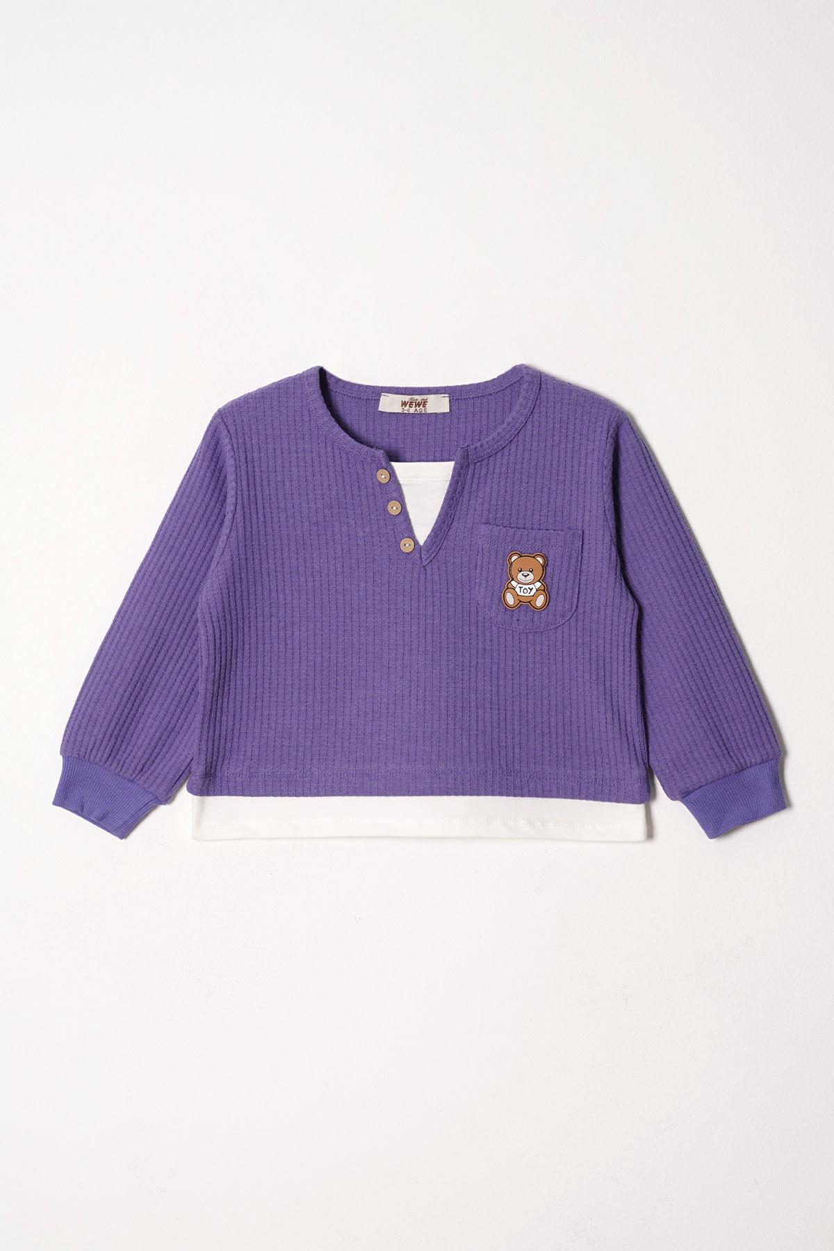 Bisiklet Yaka Uzun Kol Ayıcık Armalı Garnılı Bel Paca Lastikli Mor Renk Kız Çocuk Esofman Takım