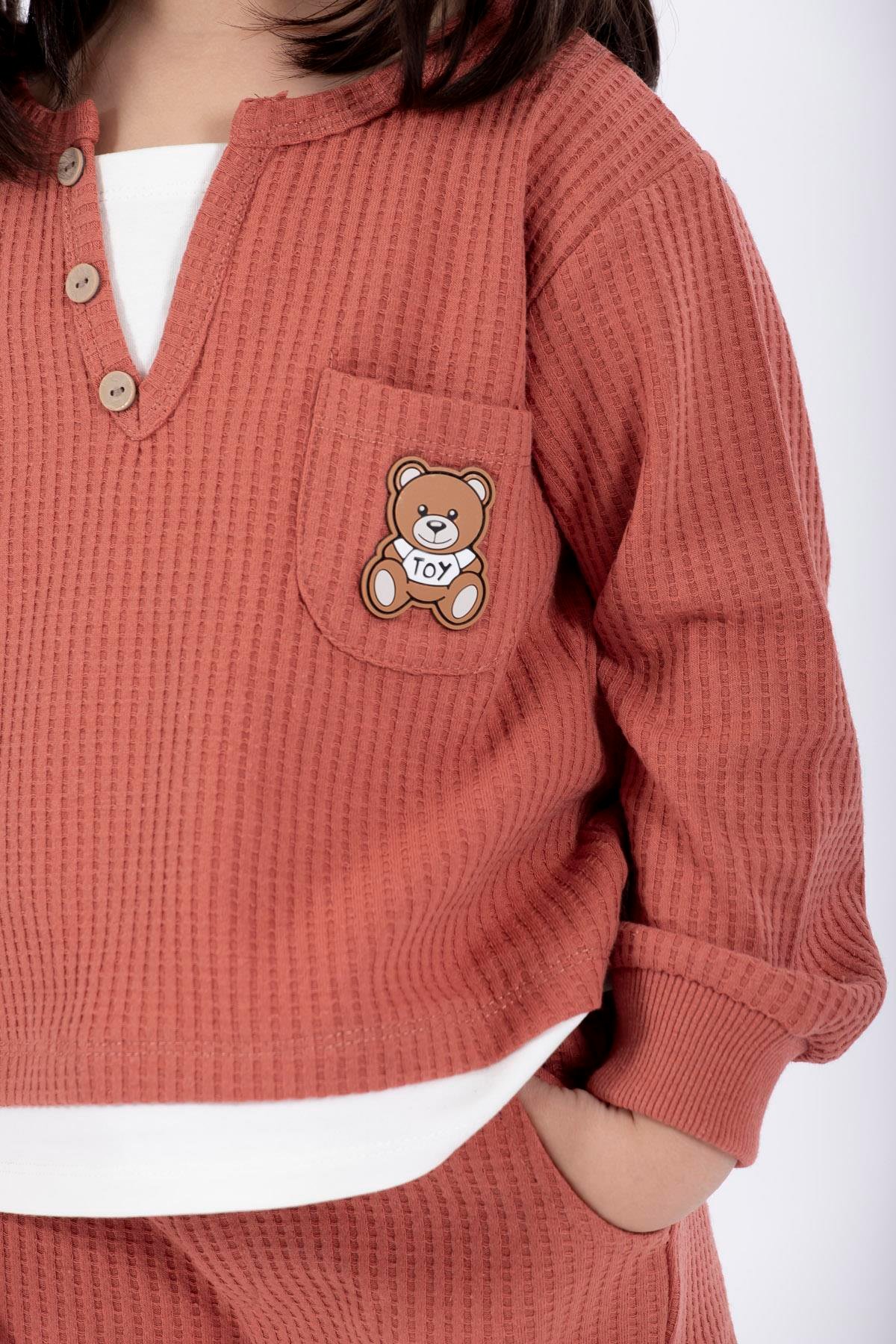 Bisiklet Yaka Uzun Kol Ayıcık Armalı Garnılı Bel Paca Lastikli Kiremit Renk Erkek Çocuk Esofman Takım