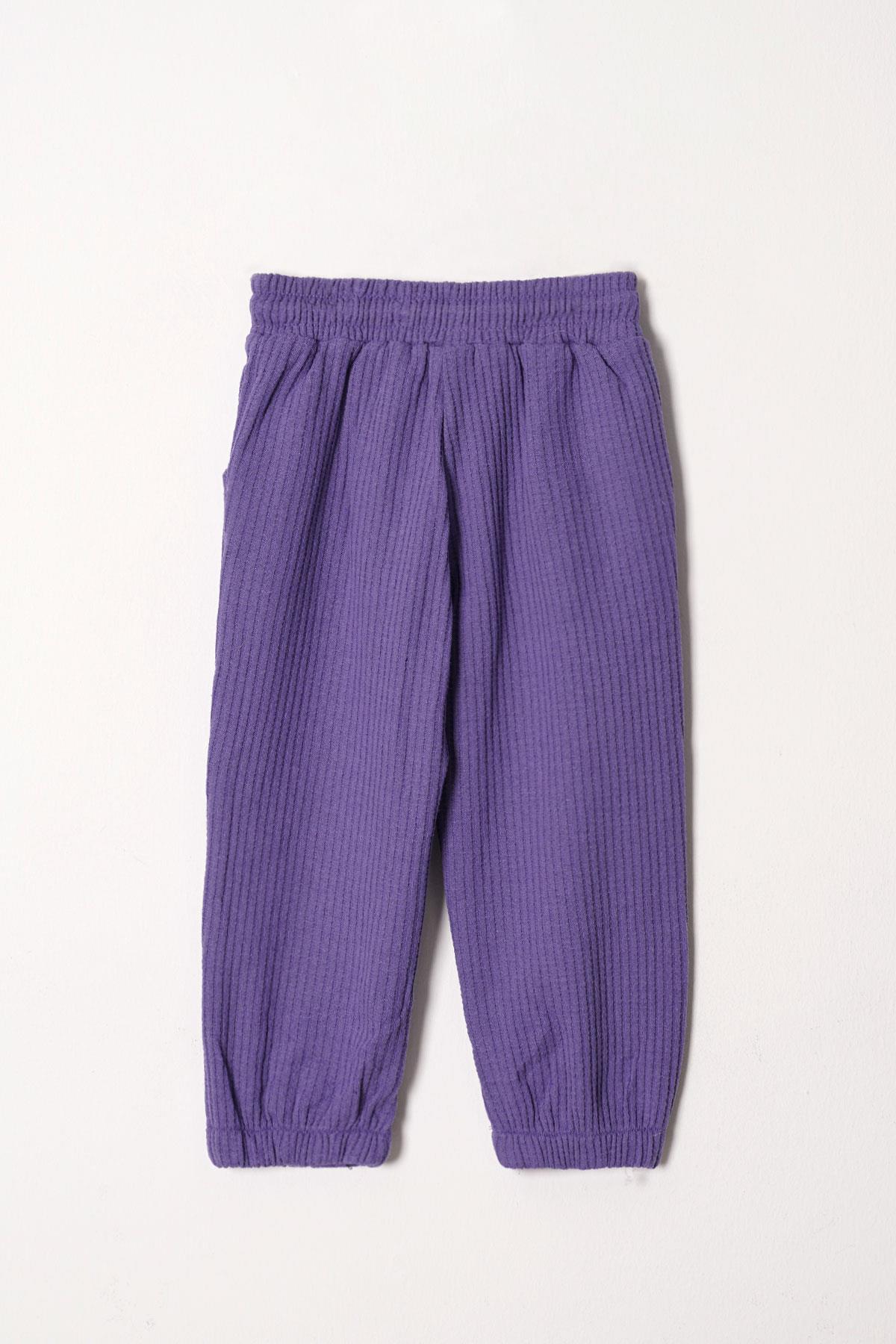 Bisiklet Yaka Uzun Kol Ayıcık Armalı Garnılı Bel Paca Lastikli Mor Renk Kız Çocuk Esofman Takım