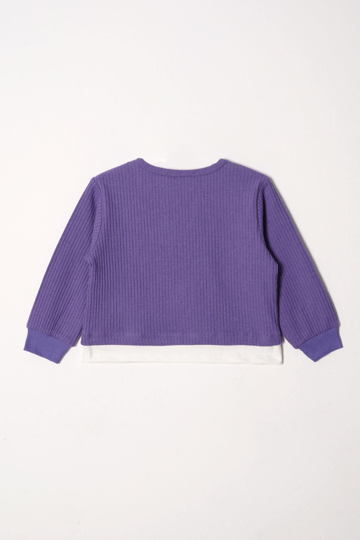 Bisiklet Yaka Uzun Kol Ayıcık Armalı Garnılı Bel Paca Lastikli Mor Renk Kız Çocuk Esofman Takım