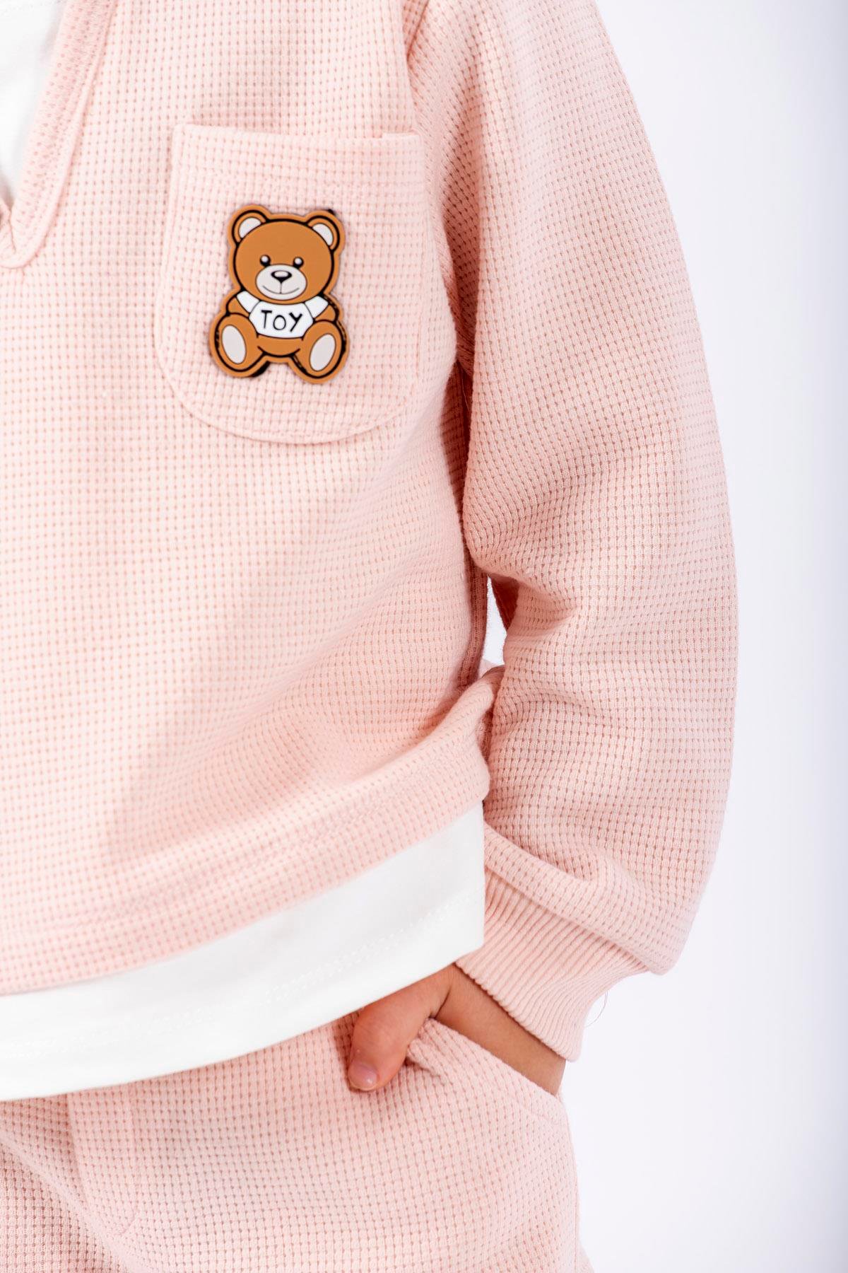 Bisiklet Yaka Uzun Kol Ayıcık Armalı Garnılı Bel Paca Lastikli Somon Renk Erkek Çocuk Esofman Takım