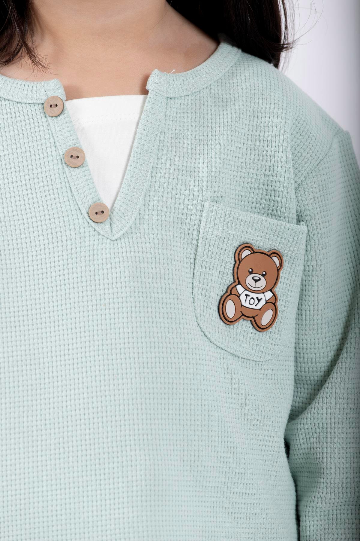 Bisiklet Yaka Uzun Kol Ayıcık Armalı Garnılı Bel Paca Lastikli Mint Renk Erkek Çocuk Esofman Takım