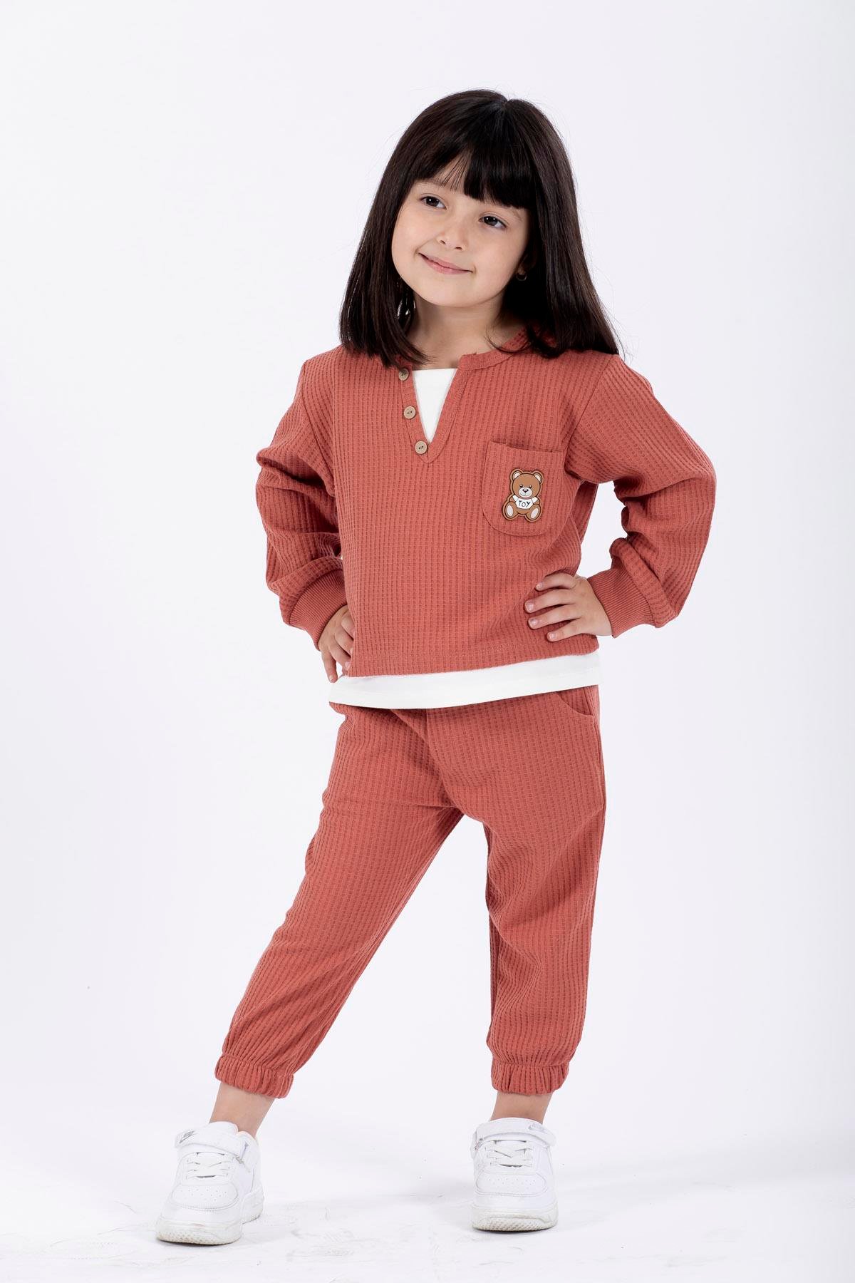 Bisiklet Yaka Uzun Kol Ayıcık Armalı Garnılı Bel Paca Lastikli Kiremit Renk Erkek Çocuk Esofman Takım