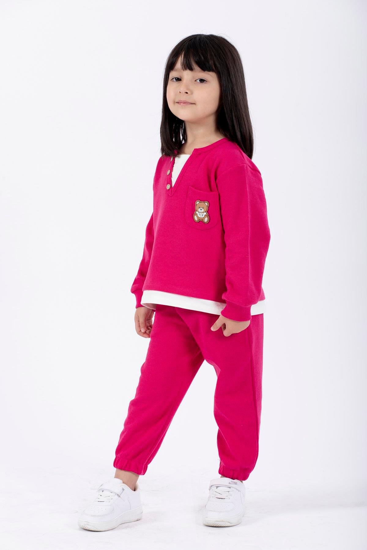 Bisiklet Yaka Uzun Kol Ayıcık Armalı Garnılı Bel Paca Lastikli Fuşya Renk Erkek Çocuk Esofman Takım