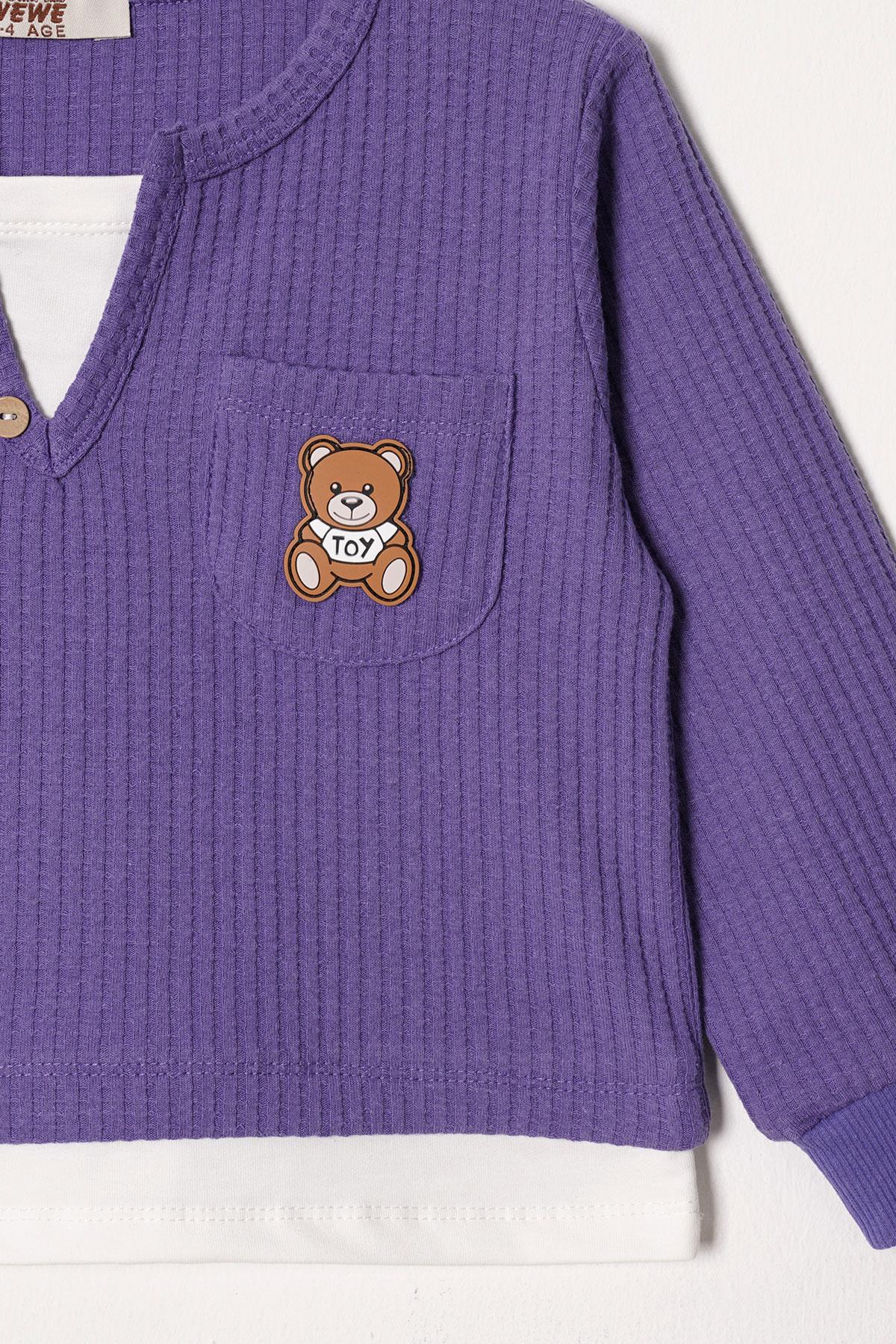 Bisiklet Yaka Uzun Kol Ayıcık Armalı Garnılı Bel Paca Lastikli Mor Renk Kız Çocuk Esofman Takım