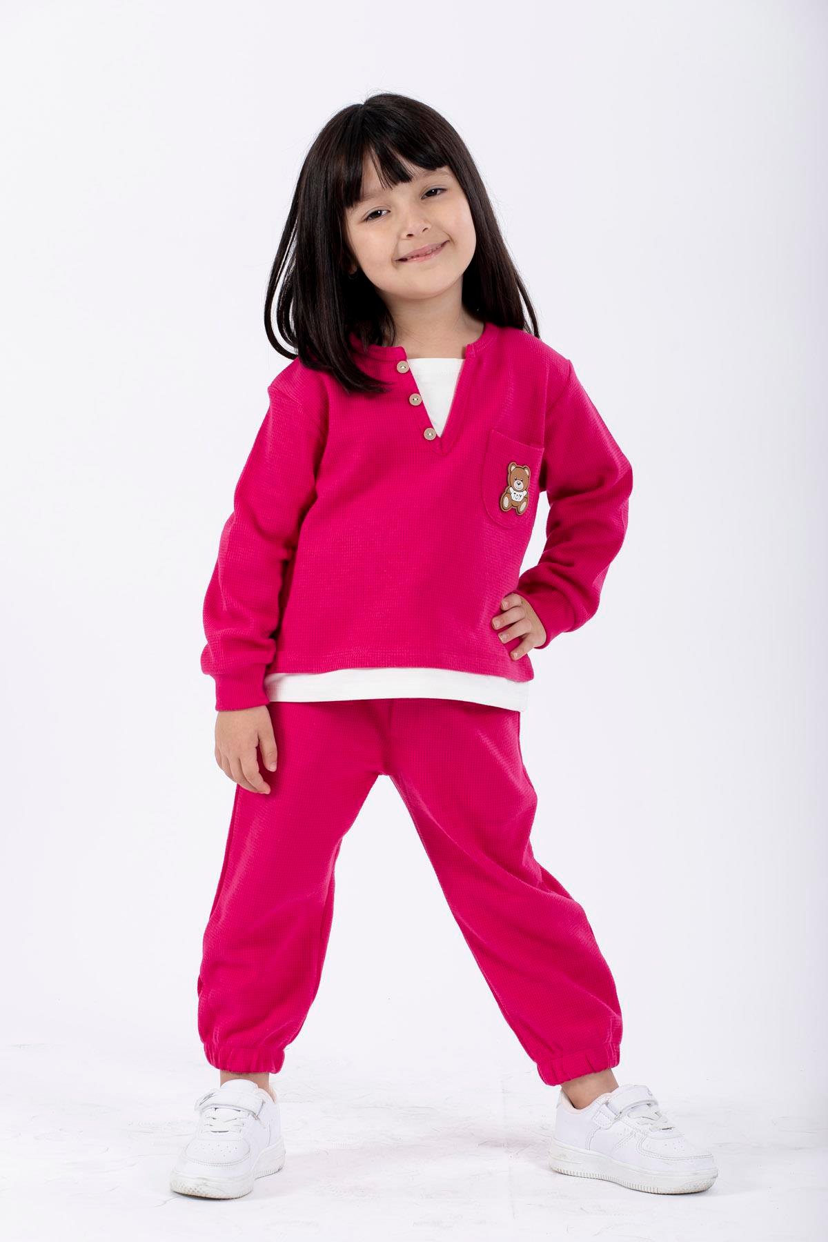 Bisiklet Yaka Uzun Kol Ayıcık Armalı Garnılı Bel Paca Lastikli Fuşya Renk Erkek Çocuk Esofman Takım